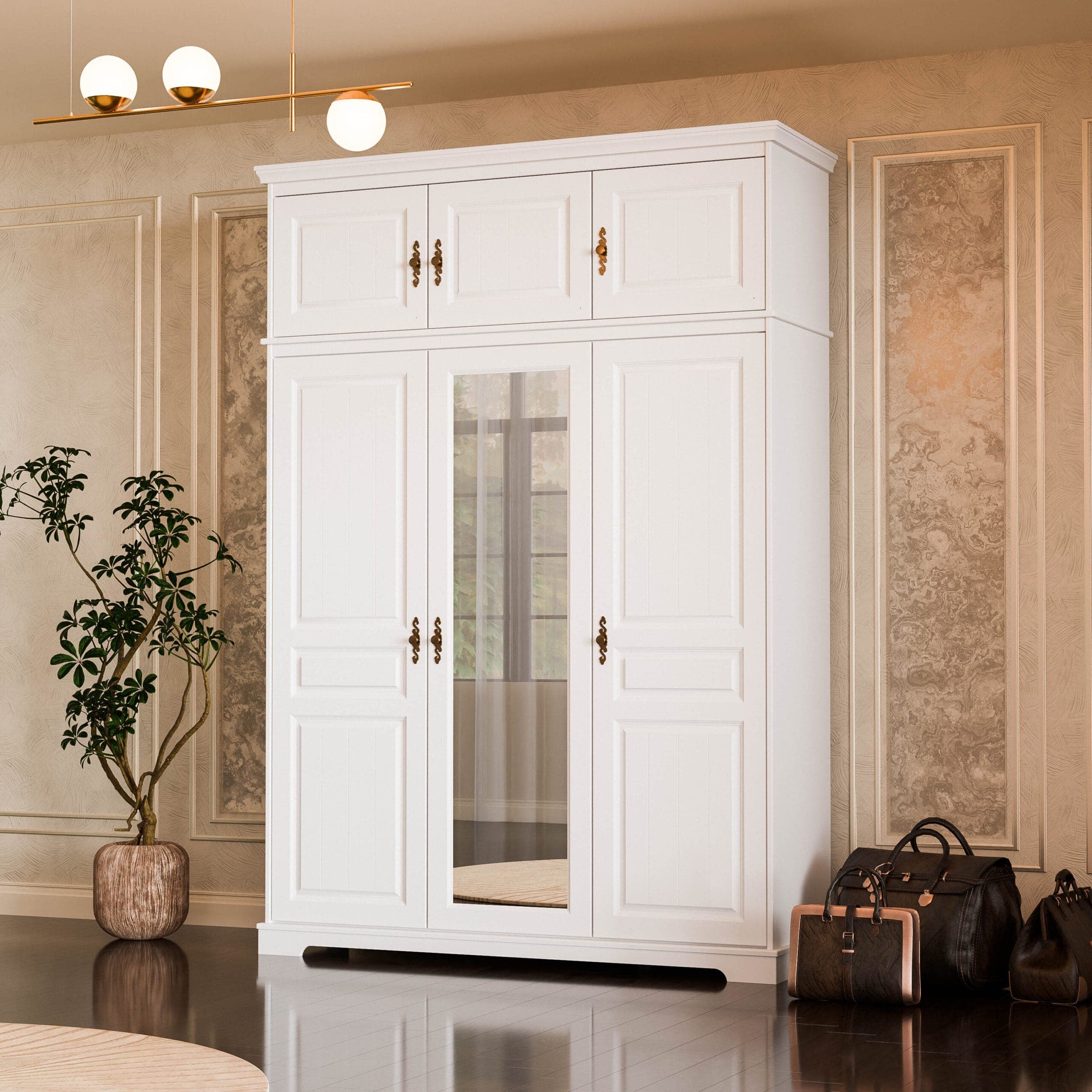 Armoire en bois massif à 3 portes « Linnea » avec élément supérieur et miroir