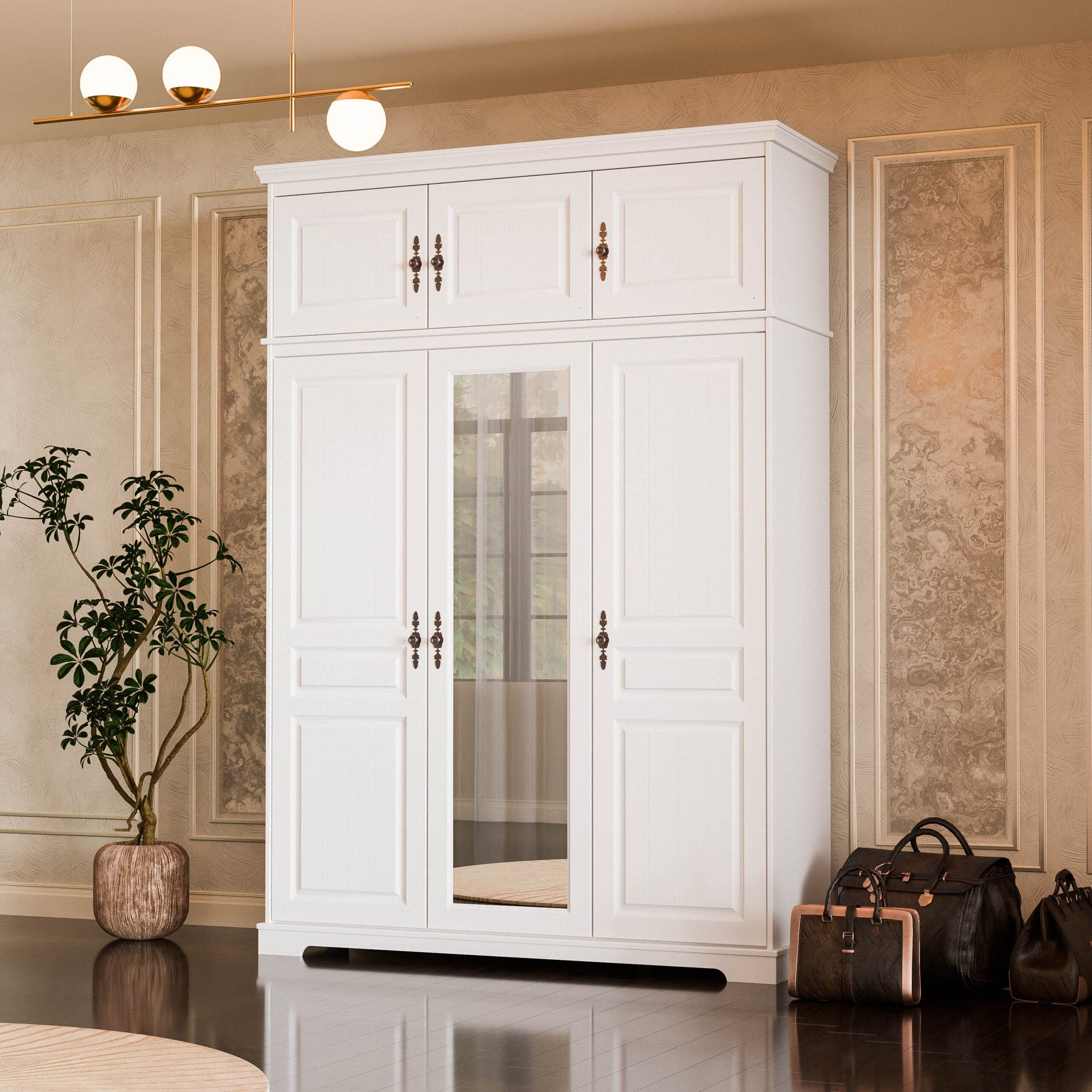 Armoire en bois massif à 3 portes « Linnea » avec élément supérieur et miroir