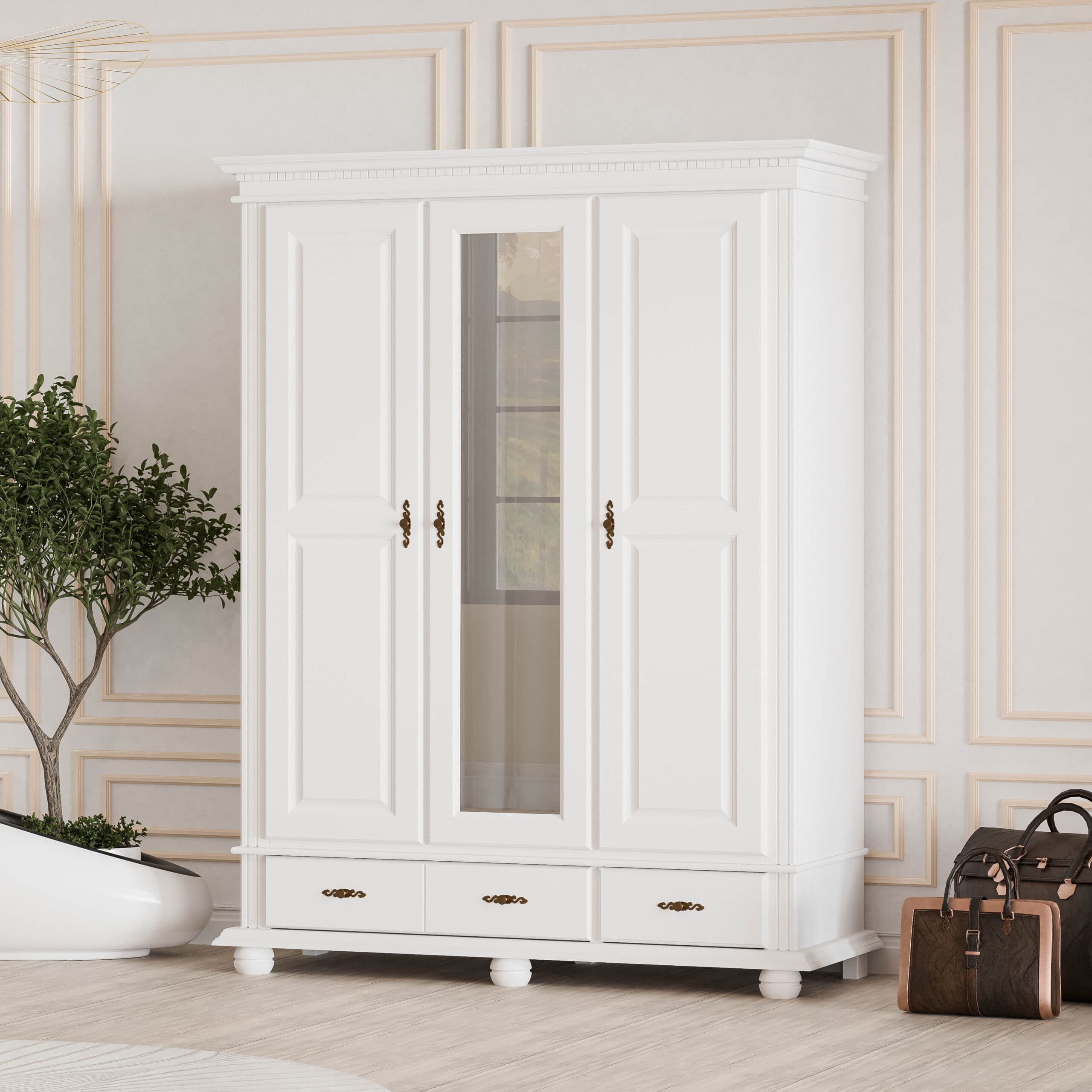 Armoire en bois massif Fjord à 3 portes, hauteur 220 cm