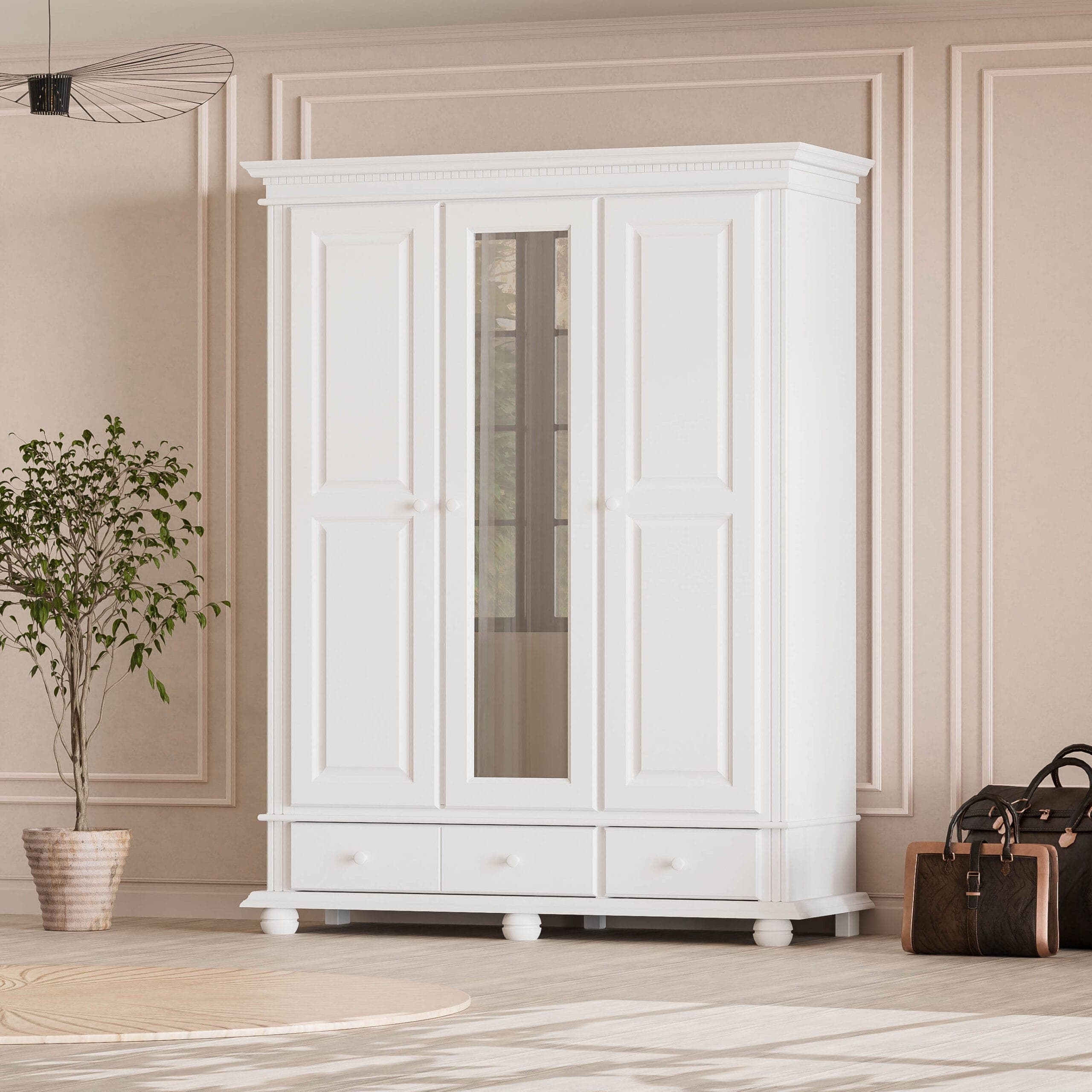 Armoire Fjord en bois massif à 3 portes et tiroirs