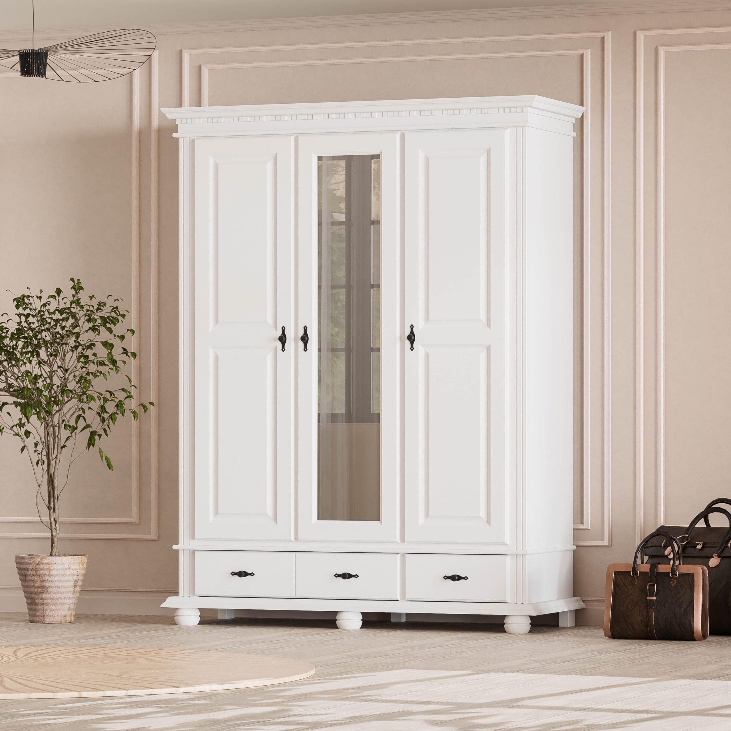 Armoire Fjord en bois massif à 3 portes et tiroirs