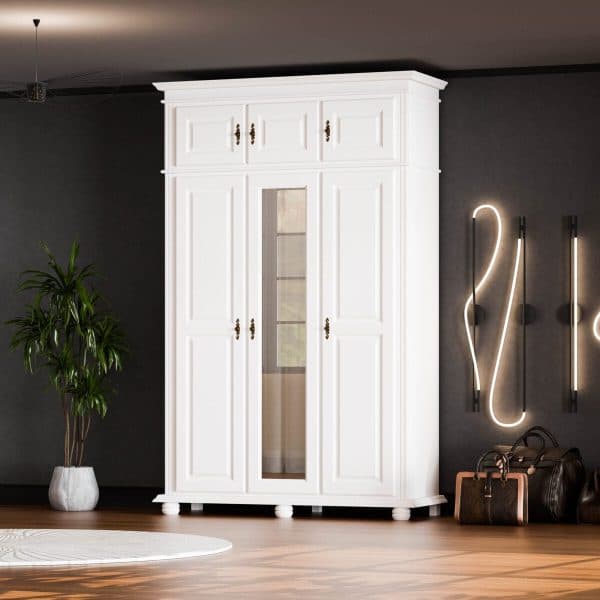 Armoire en bois massif Nordby, à 3 portes avec élément supérieur
