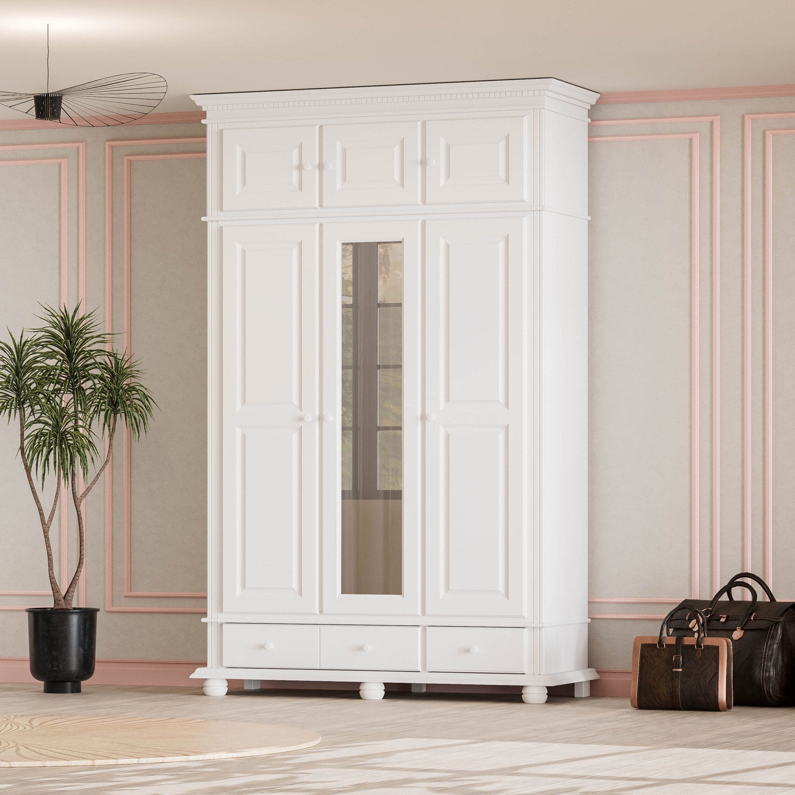 Armoire en bois massif « Fjord », à 3 portes, avec tiroirs et élément supérieur