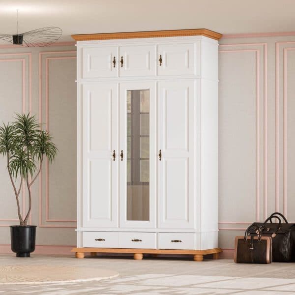 Armoire en bois massif « Fjord », à 3 portes, avec tiroirs et élément supérieur