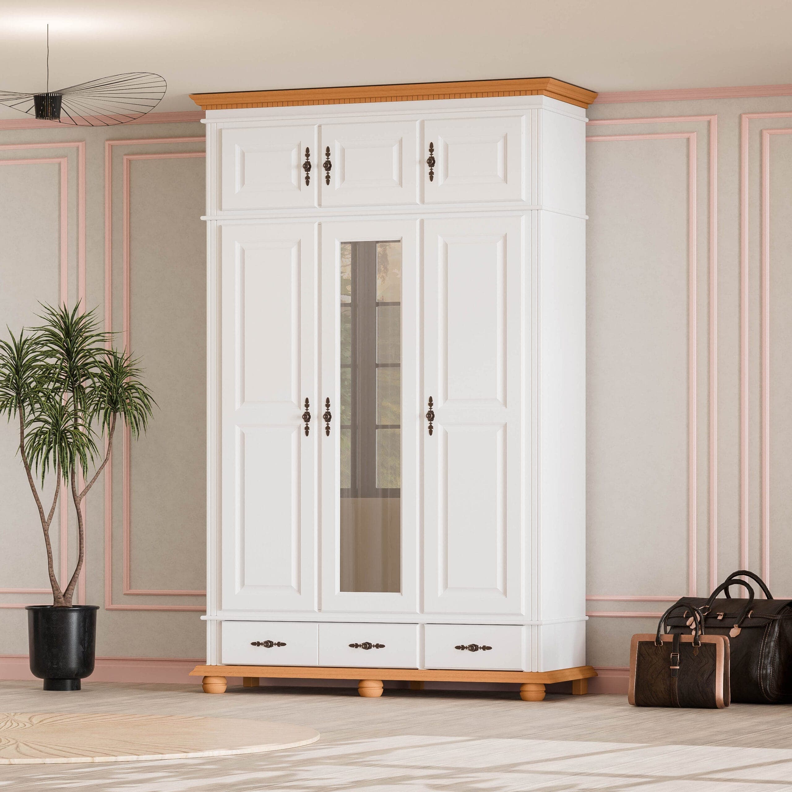 Armoire en bois massif « Fjord », à 3 portes, avec tiroirs et élément supérieur
