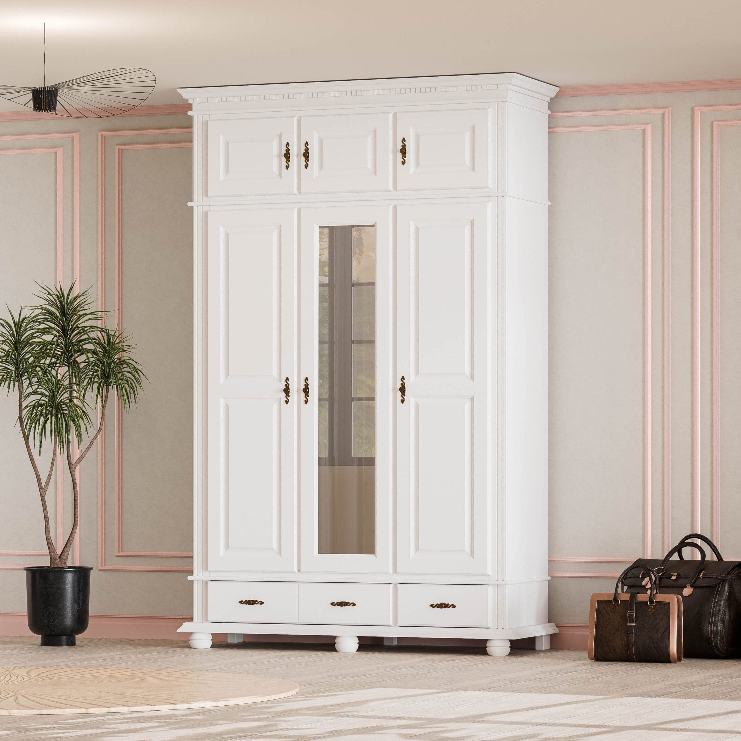Armoire en bois massif « Fjord », à 3 portes, avec tiroirs et élément supérieur