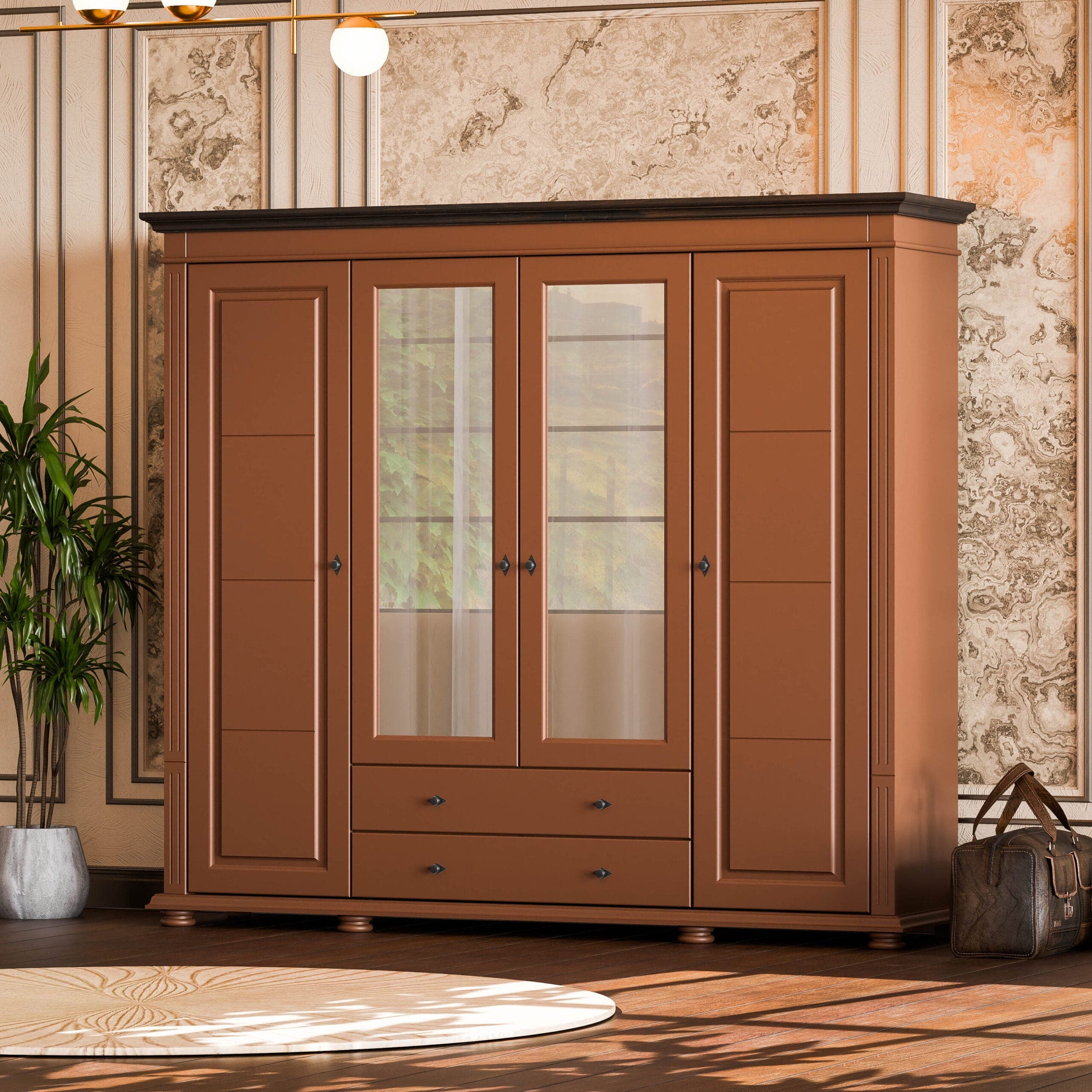 Armoire en bois massif « Skagen » à 4 portes et 2 tiroirs, couleur chocolat