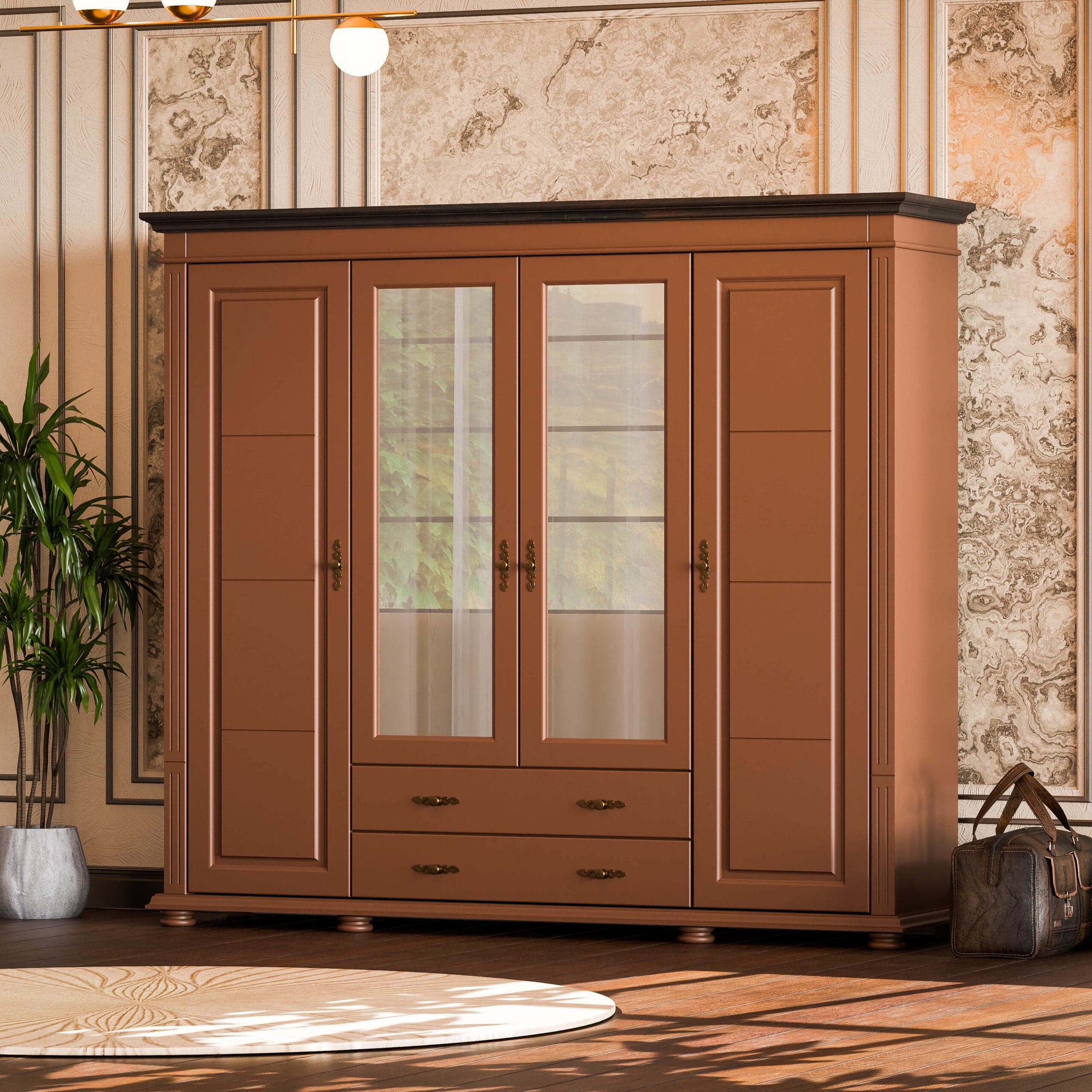 Armoire en bois massif « Skagen » à 4 portes et 2 tiroirs, couleur chocolat