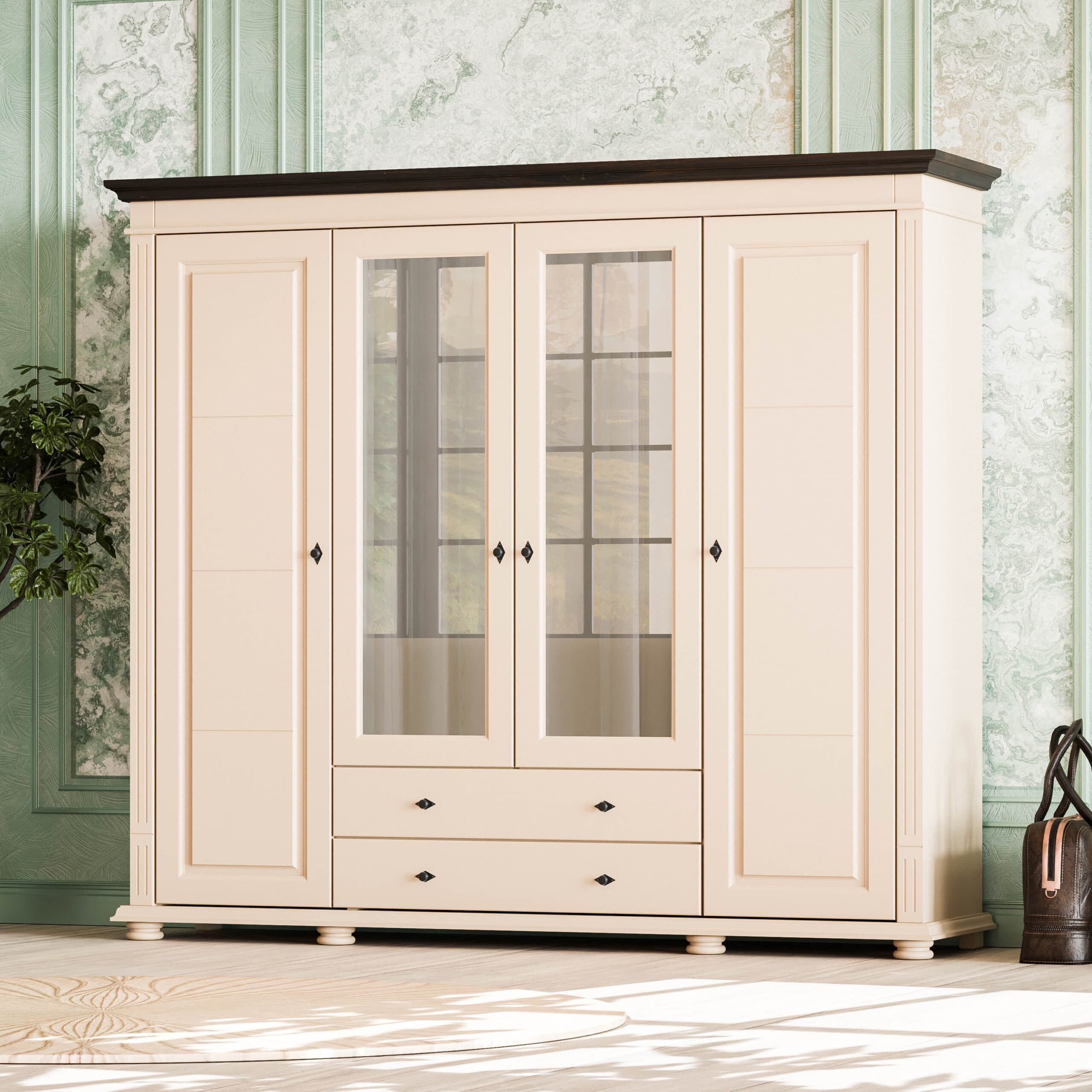 Armoire en bois massif Skagen Lachs, 4 portes, 2 tiroirs