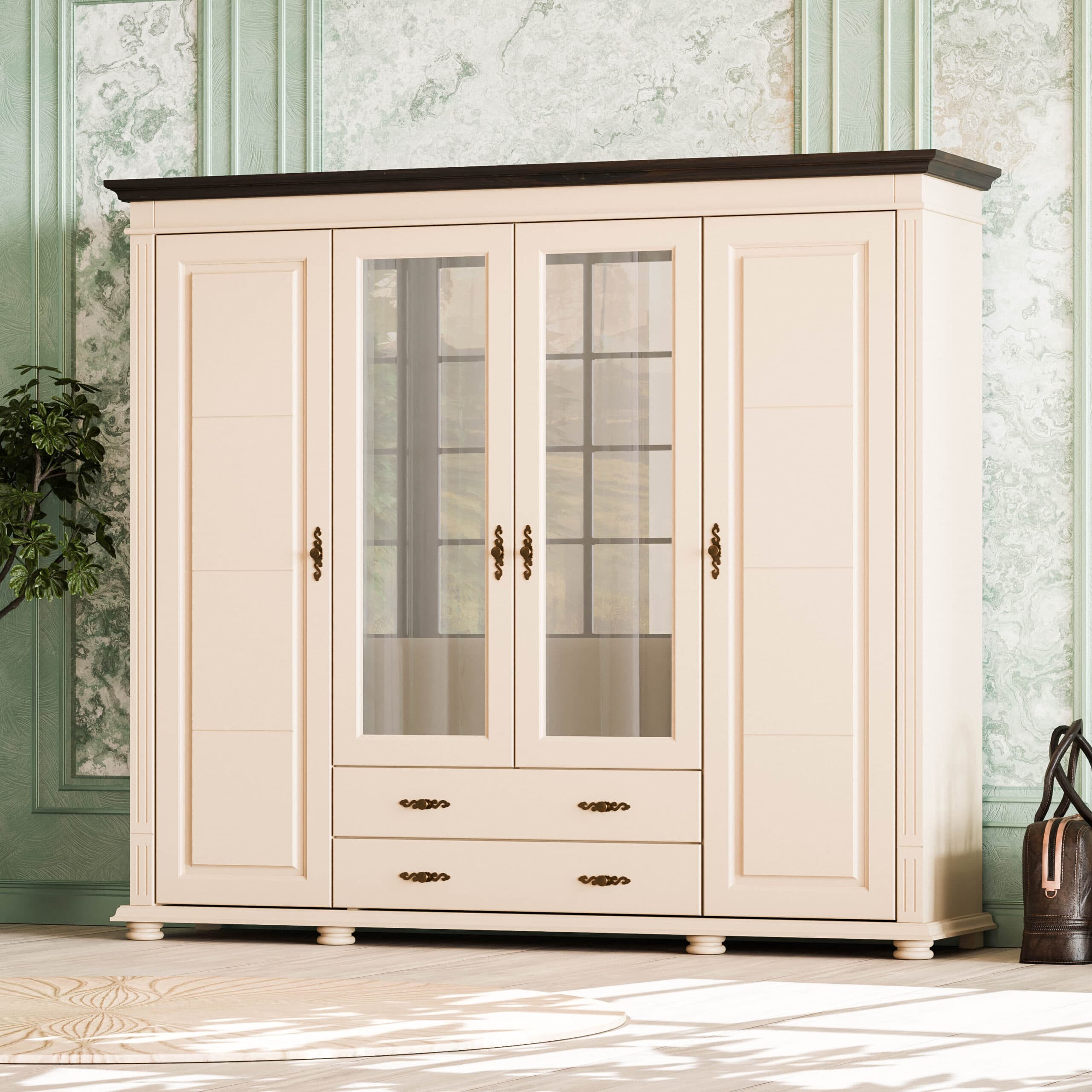 Armoire en bois massif Skagen Lachs, 4 portes, 2 tiroirs