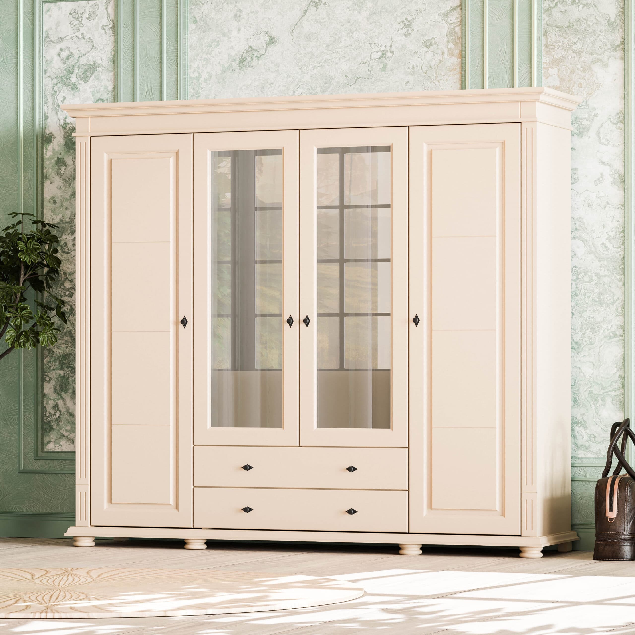 Armoire en bois massif Skagen Lachs, 4 portes, 2 tiroirs
