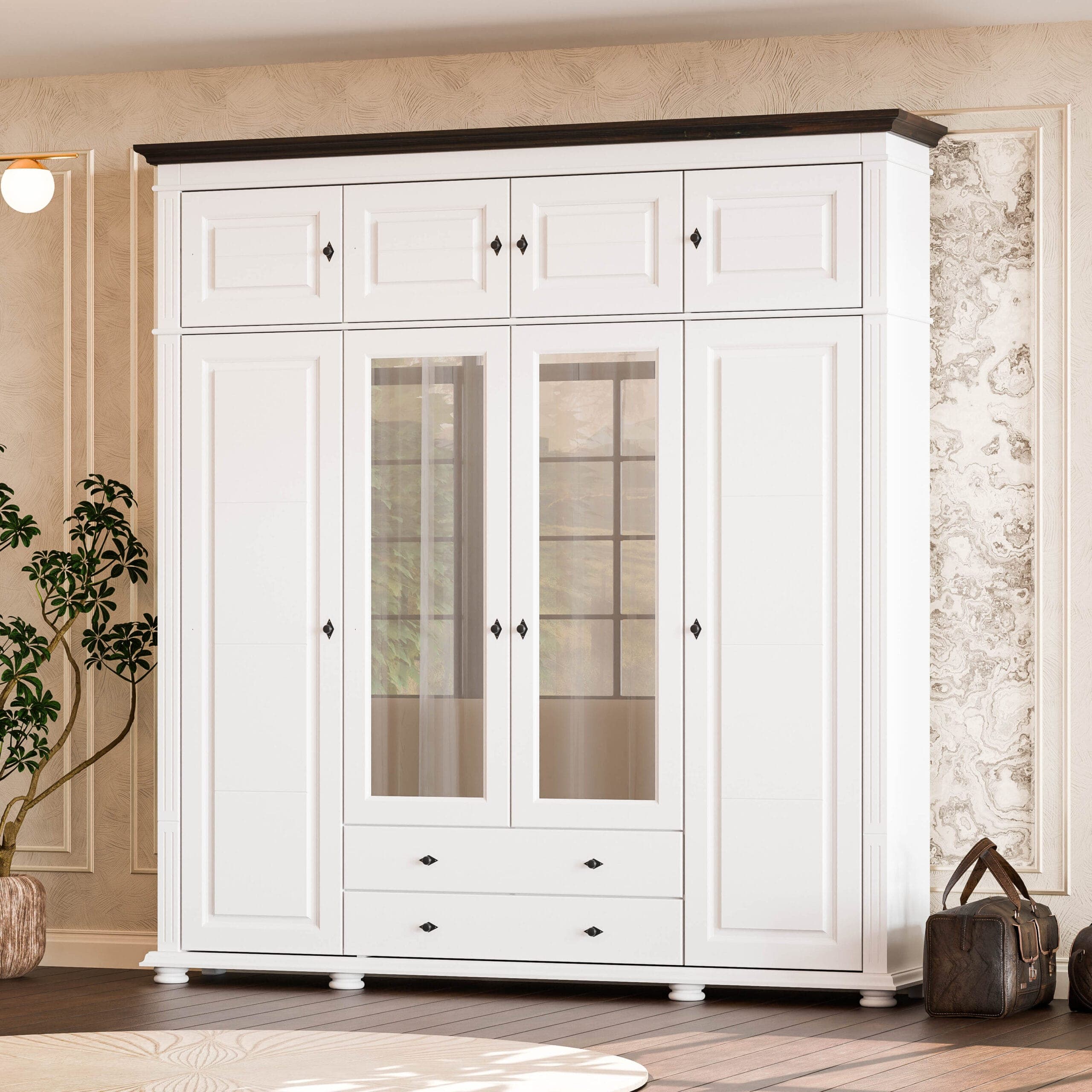 Armoire en bois massif « Skagen » avec 4 portes, 2 tiroirs et un élément supérieur