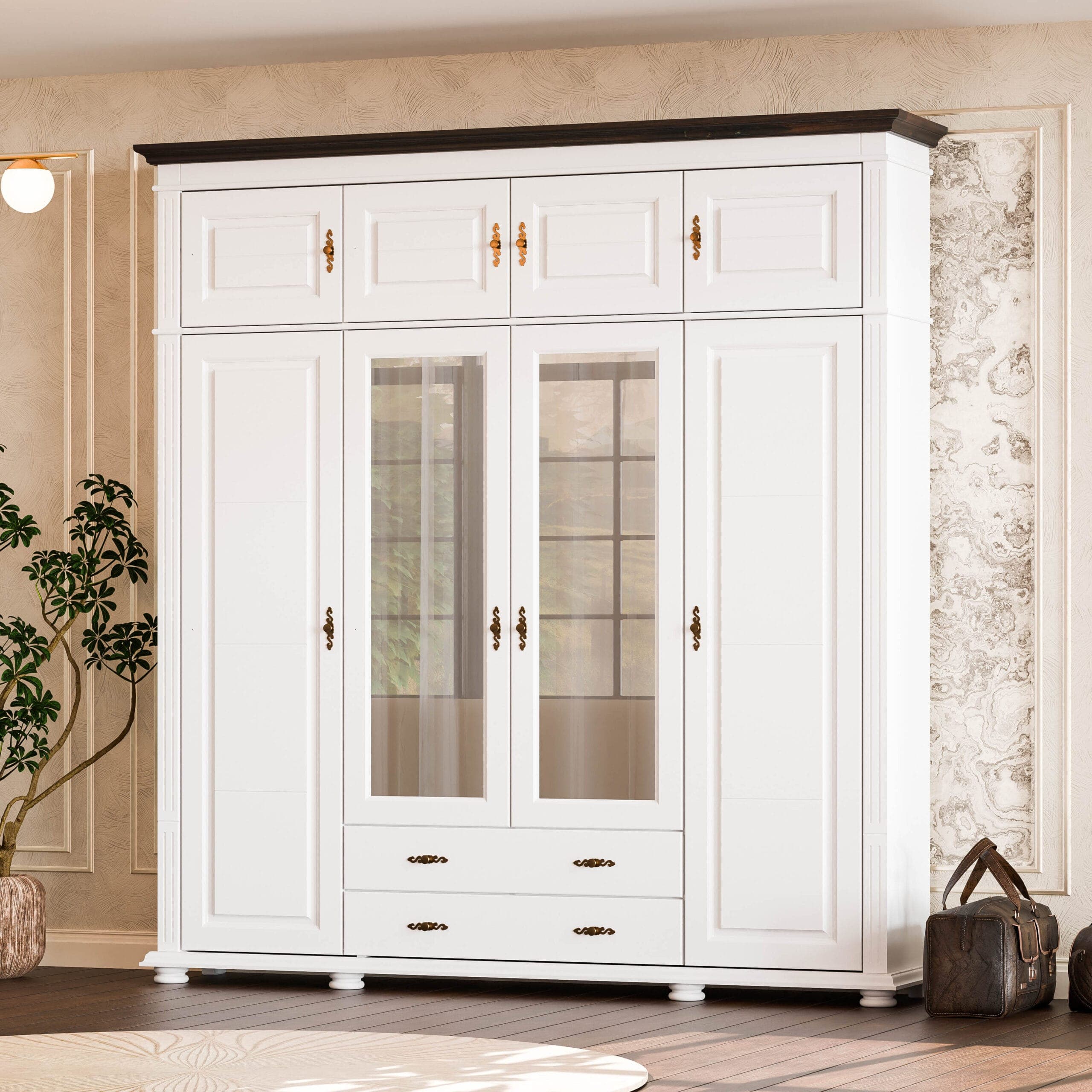 Armoire en bois massif « Skagen » avec 4 portes, 2 tiroirs et un élément supérieur