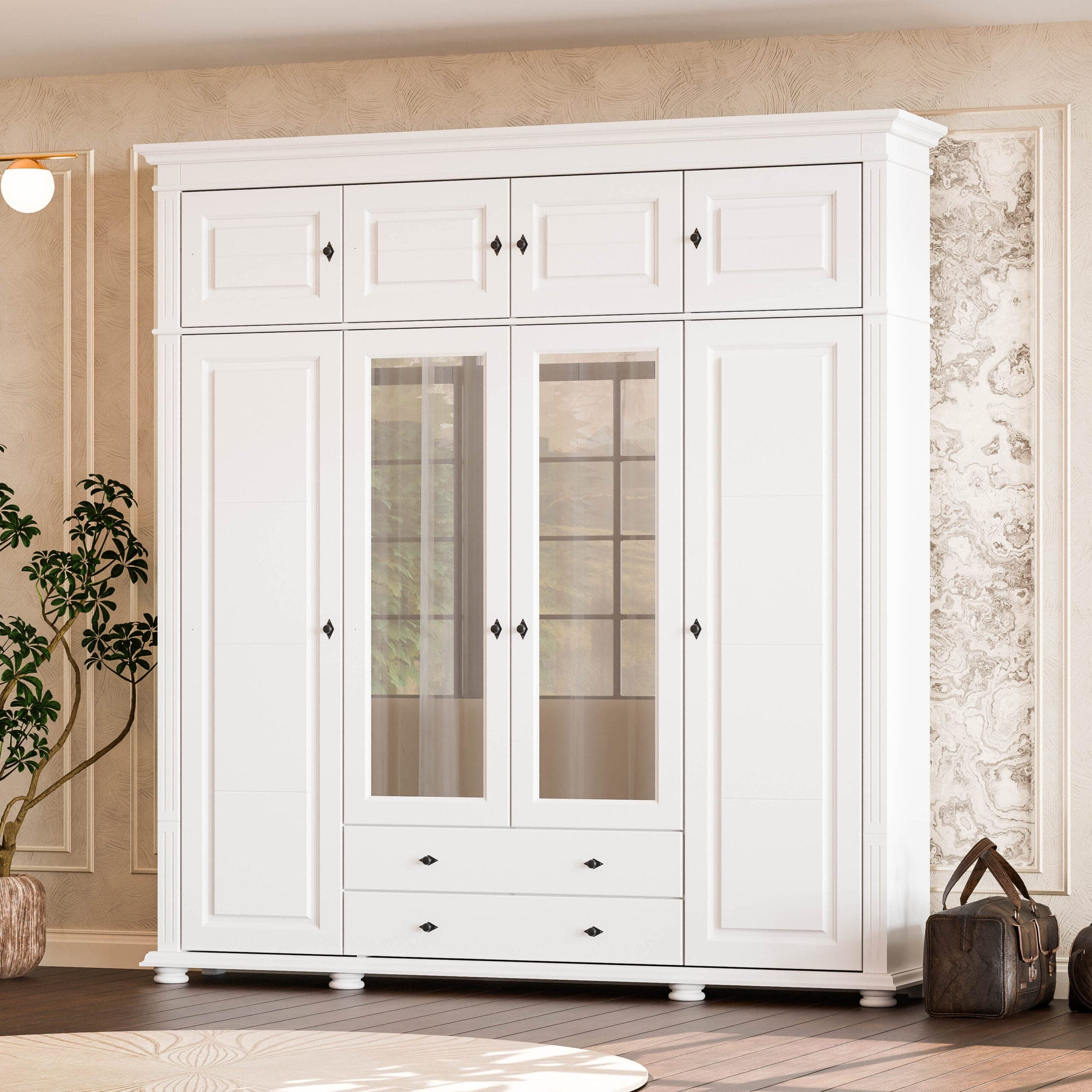 Armoire en bois massif « Skagen » avec 4 portes, 2 tiroirs et un élément supérieur