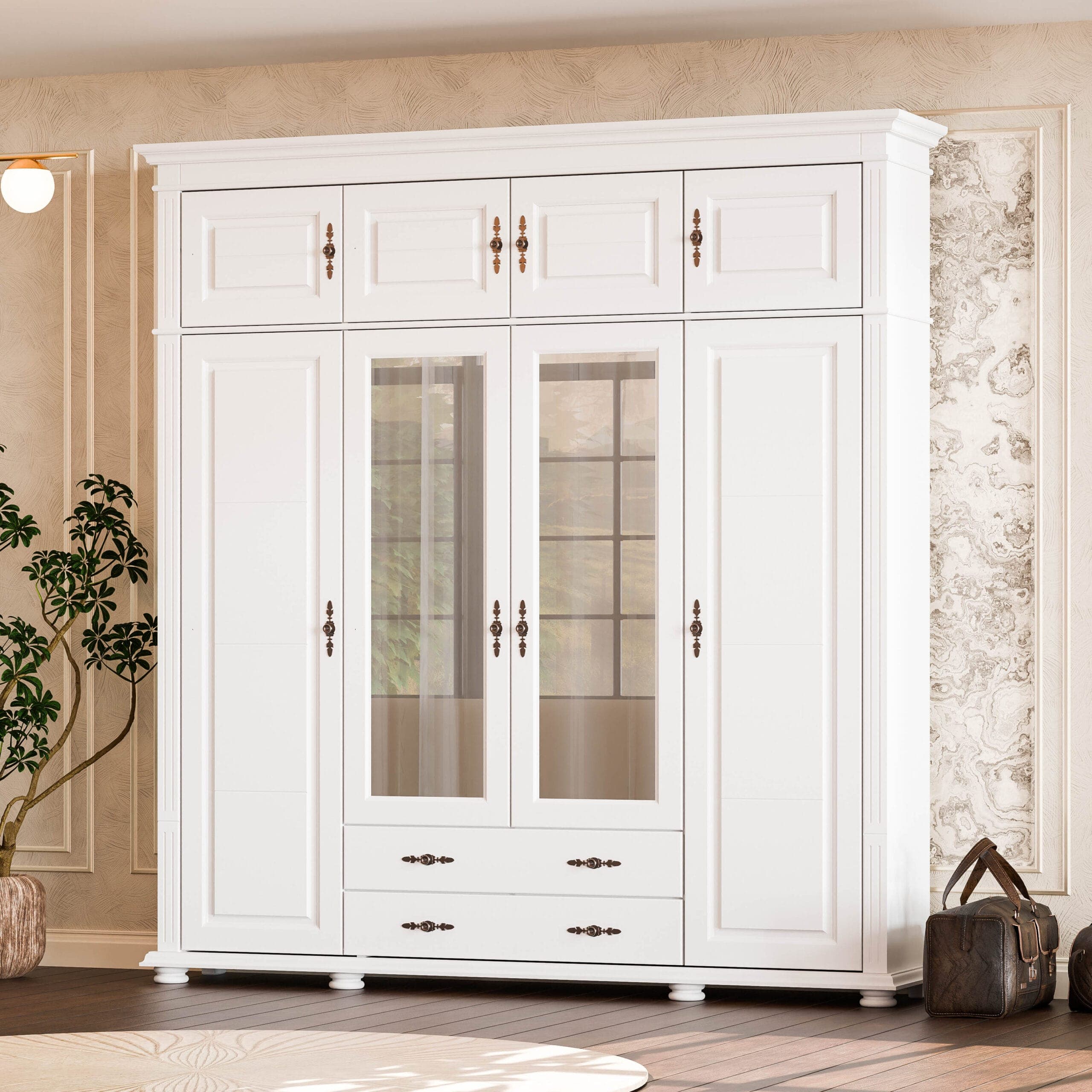 Armoire en bois massif « Skagen » avec 4 portes, 2 tiroirs et un élément supérieur