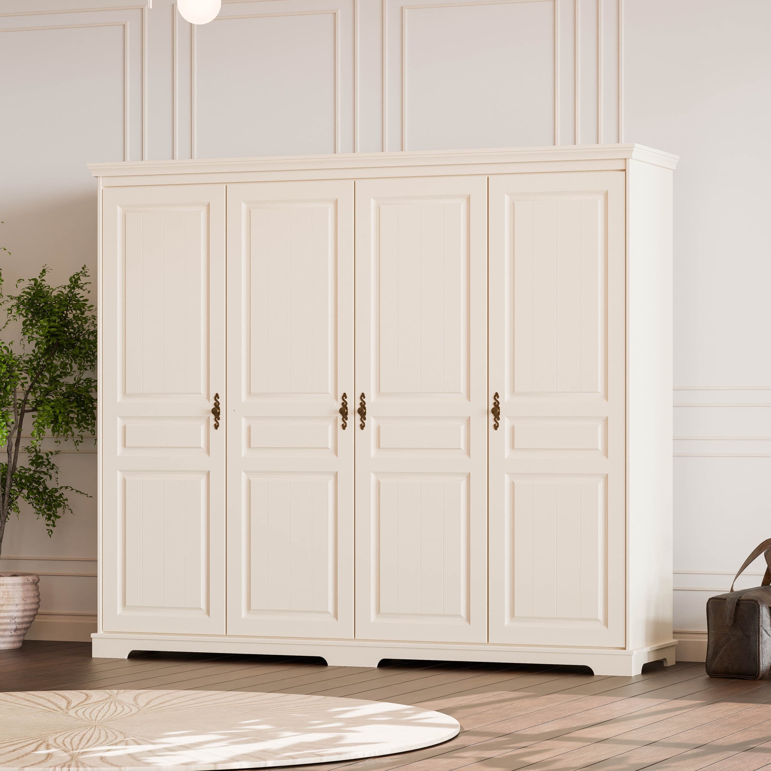 Armoire à 4 portes en bois massif Linnea, couleur vanille, avec miroir