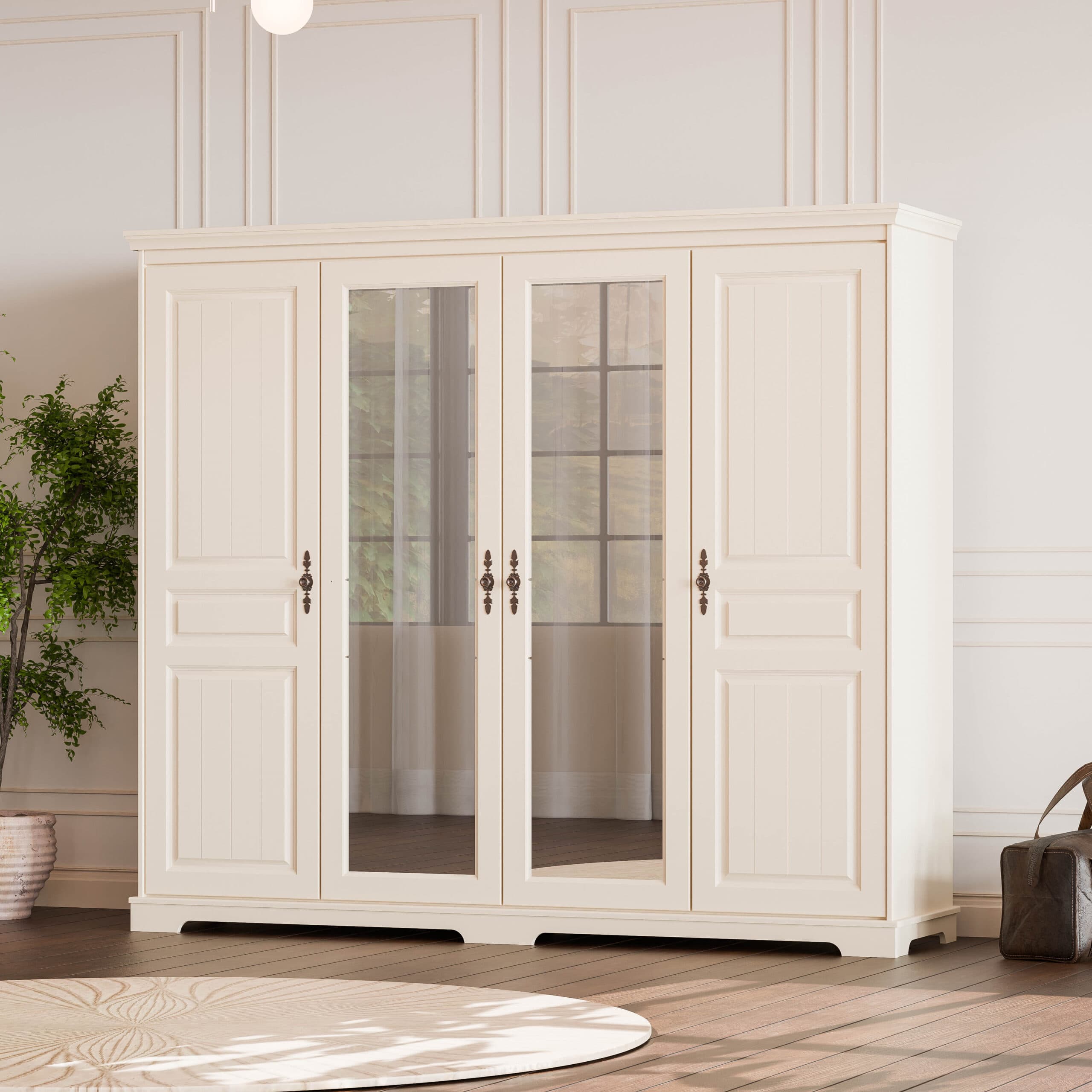 Armoire à 4 portes en bois massif Linnea, couleur vanille, avec miroir