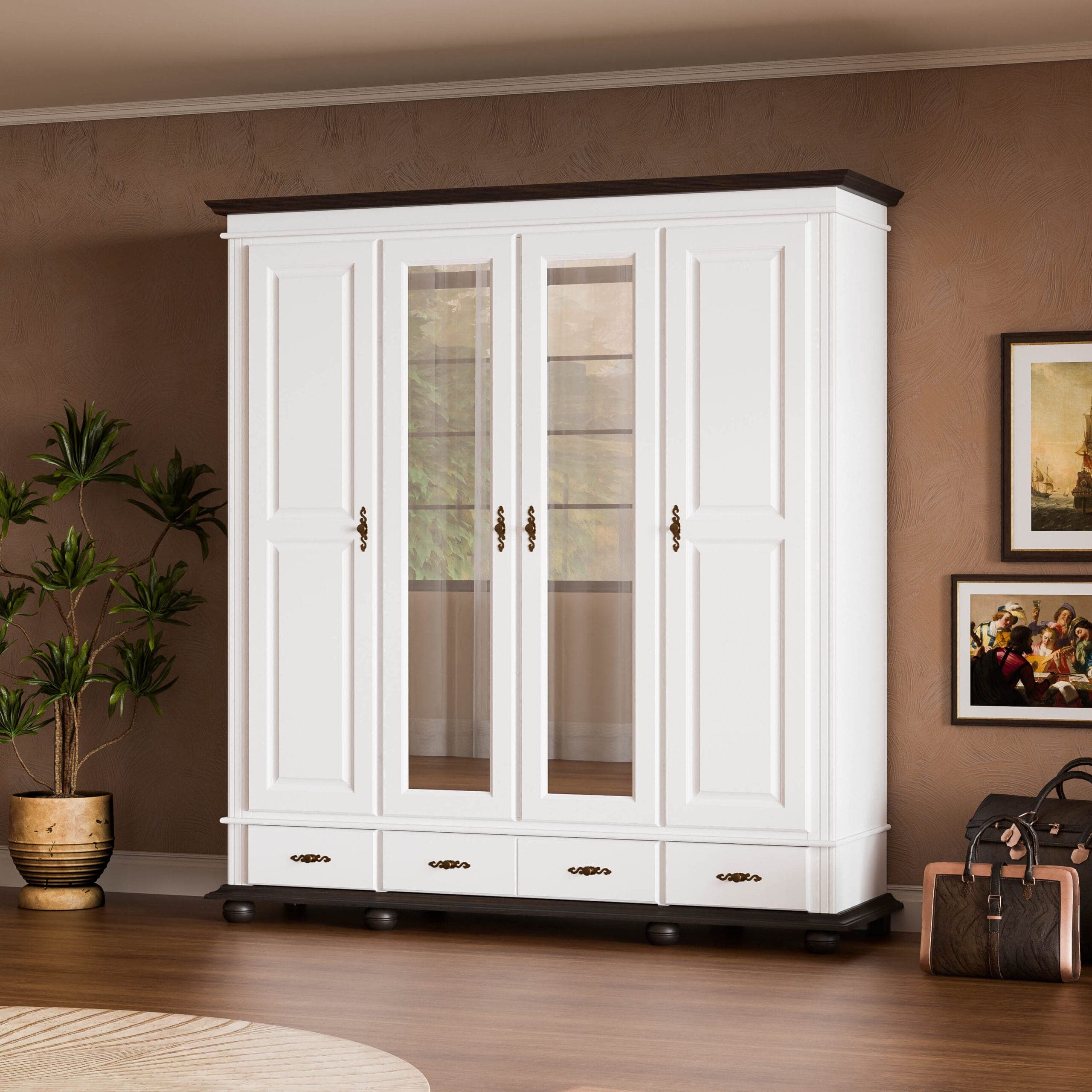 Armoire en bois massif « Nordby » 220 à 4 portes et 3 tiroirs