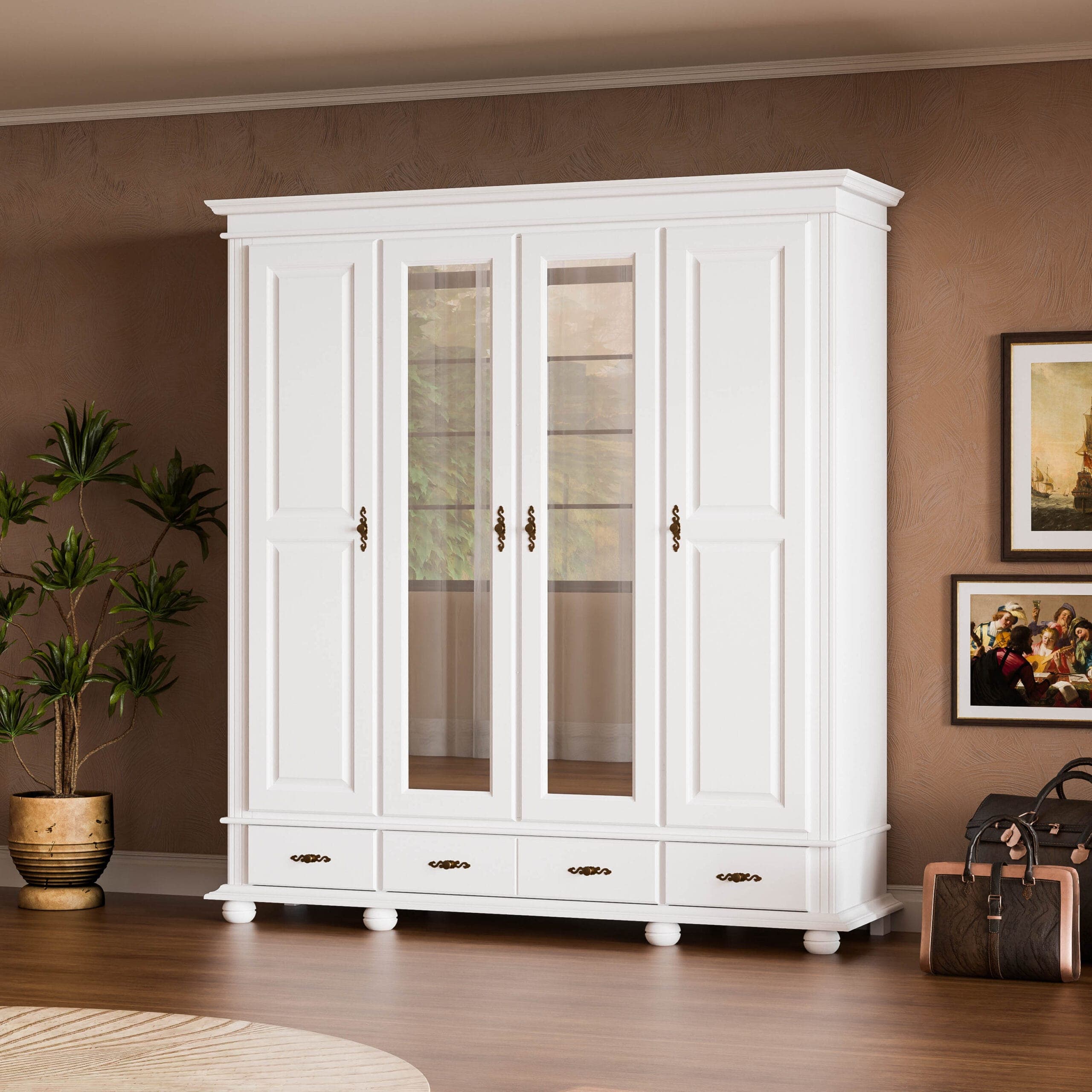 Armoire en bois massif « Nordby » 220 à 4 portes et 3 tiroirs