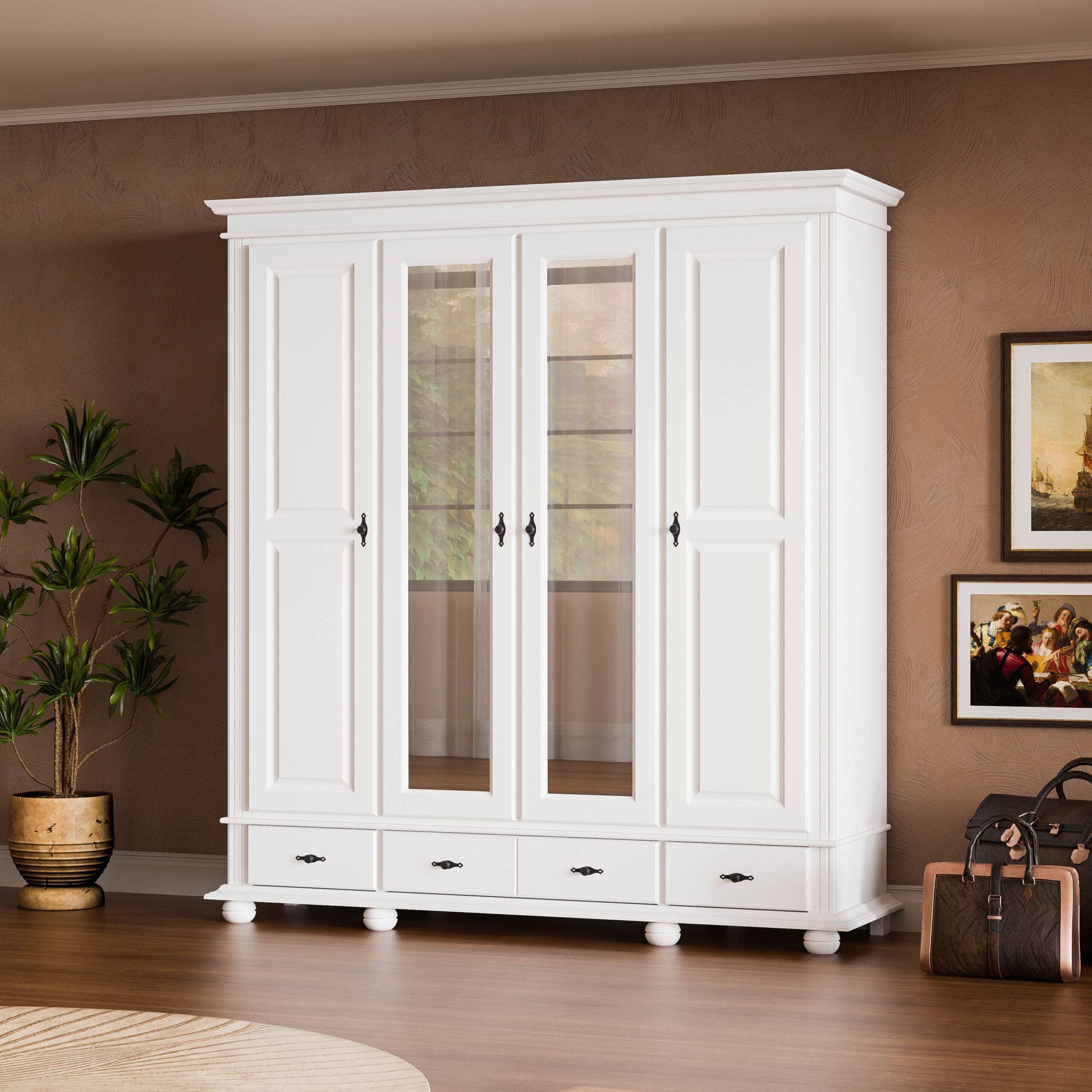 Armoire en bois massif « Nordby » 220 à 4 portes et 3 tiroirs