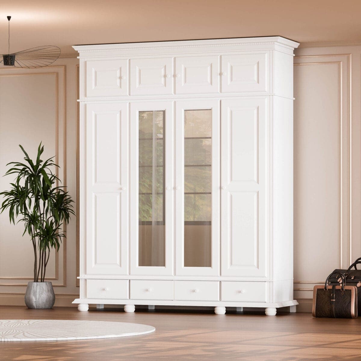 Armoire « Fjord » à 4 portes en bois massif, avec tiroirs et élément supérieur