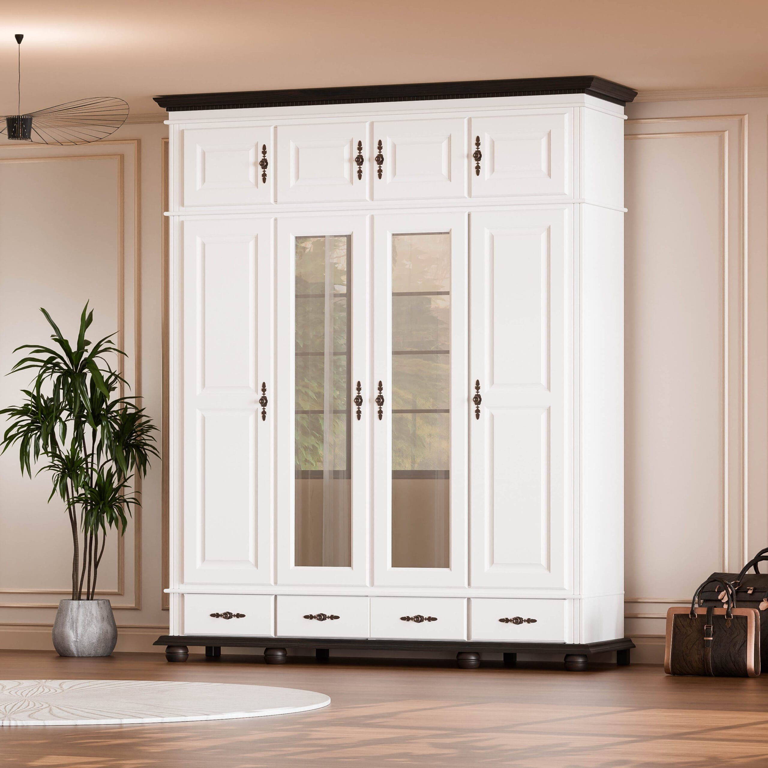 Armoire « Fjord » à 4 portes en bois massif, avec tiroirs et élément supérieur