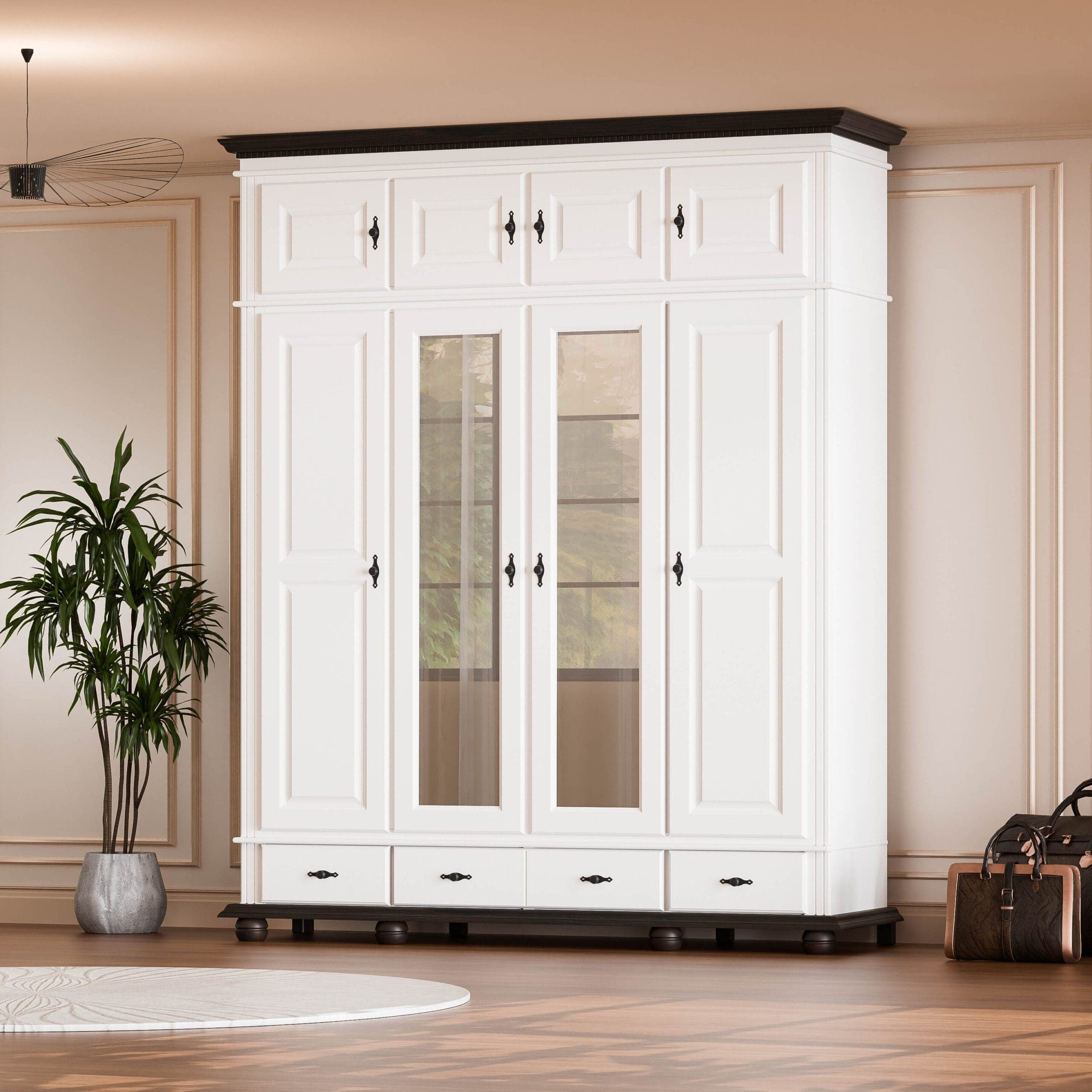 Armoire « Fjord » à 4 portes en bois massif, avec tiroirs et élément supérieur