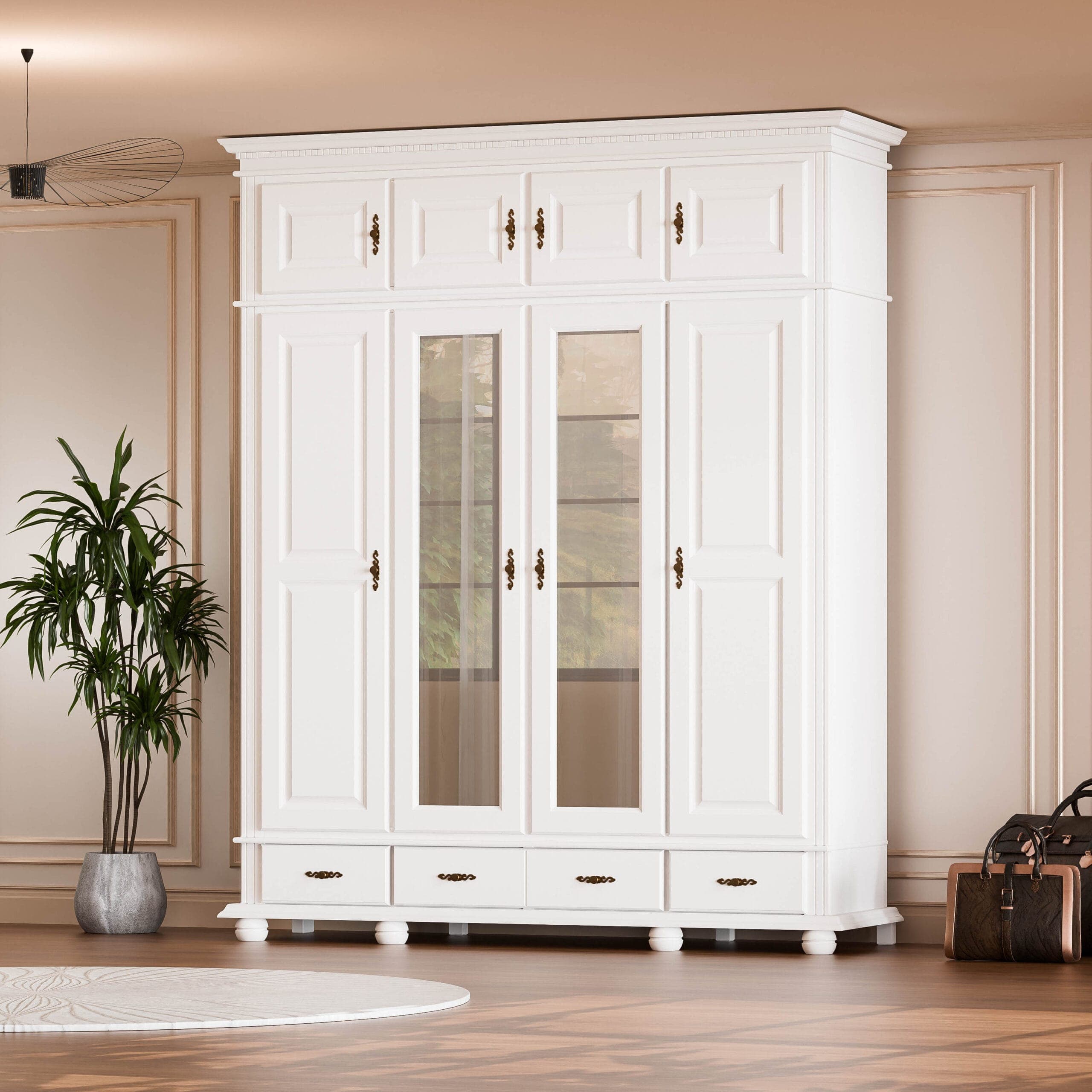 Armoire « Fjord » à 4 portes en bois massif, avec tiroirs et élément supérieur