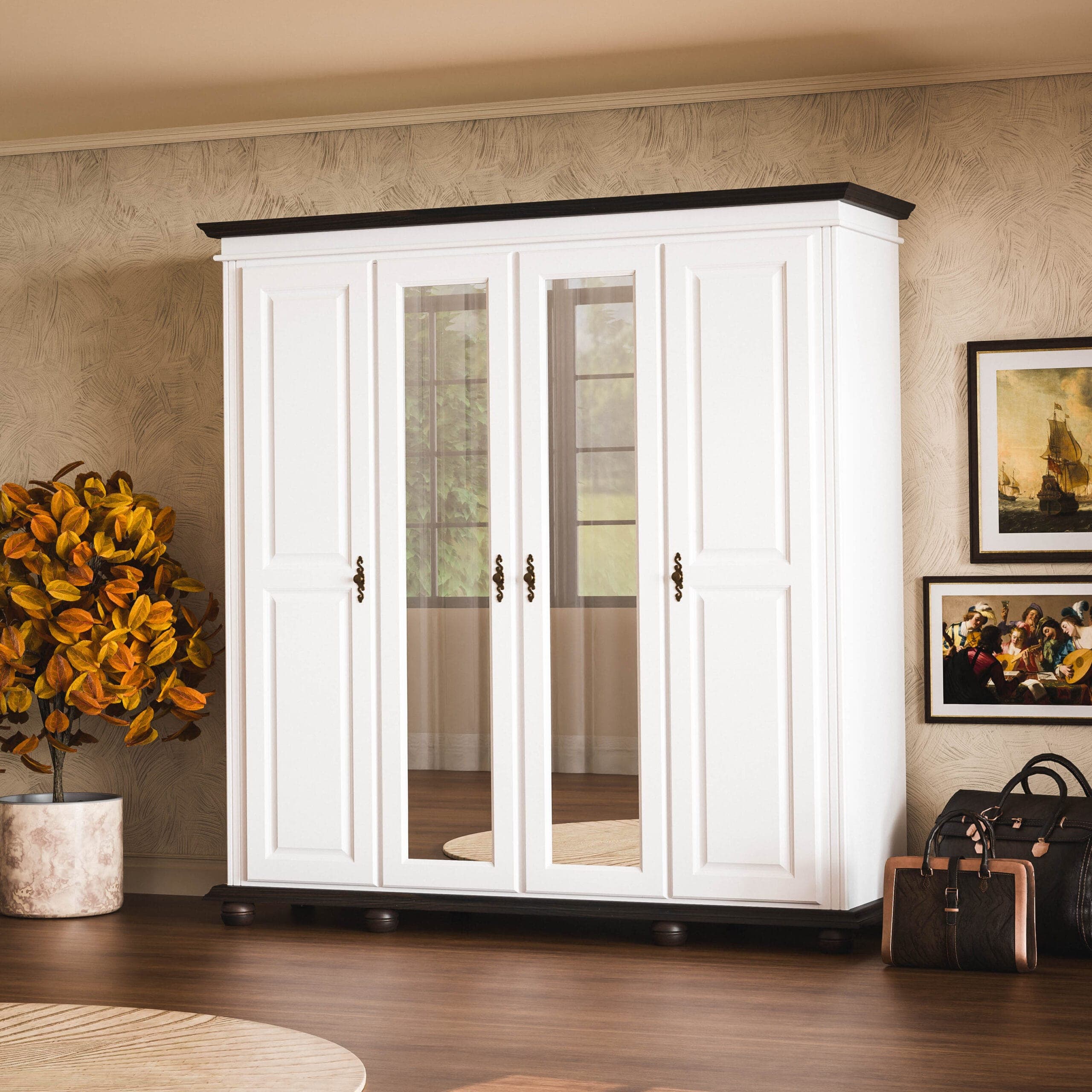 Armoire en bois massif « Nordby » à 4 portes, d'une élégance classique