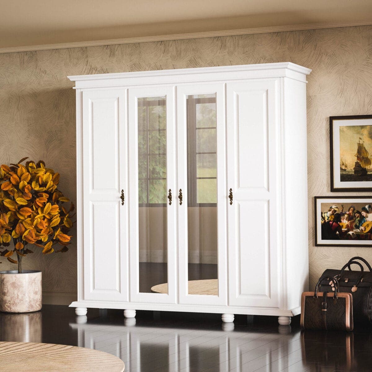 Armoire en bois massif « Nordby » à 4 portes, d'une élégance classique