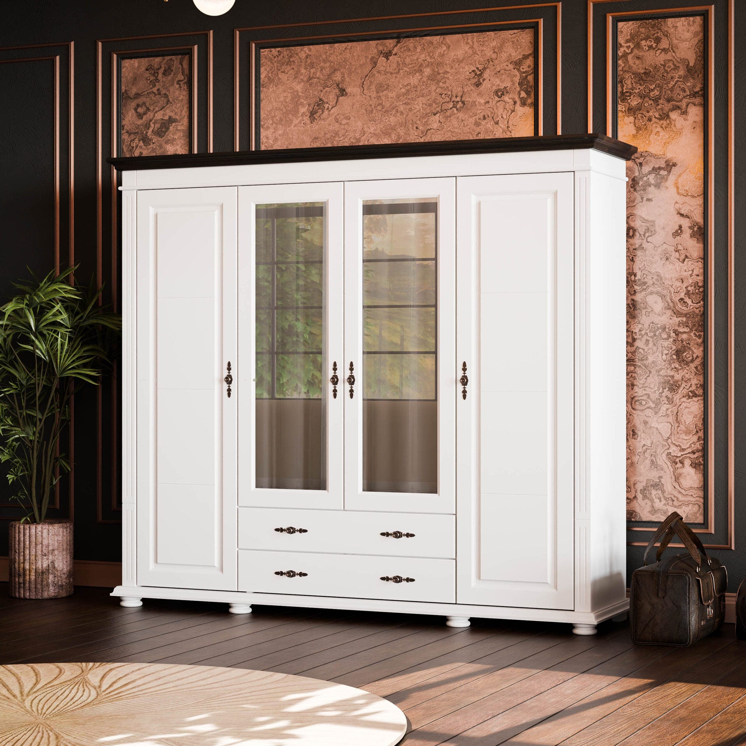 Armoire en bois massif « Skagen » à 4 portes, avec miroir et 2 tiroirs