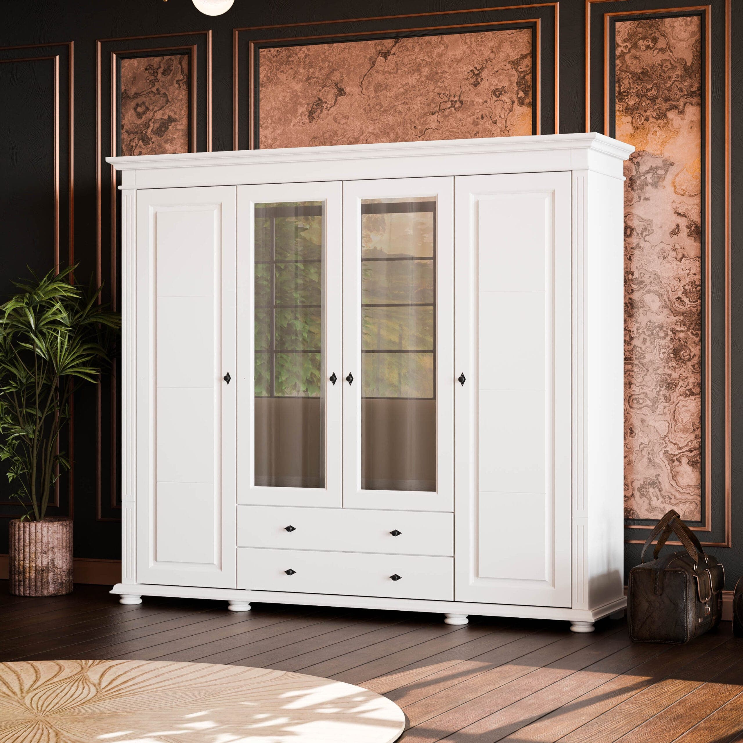 Armoire en bois massif « Skagen » à 4 portes, avec miroir et 2 tiroirs