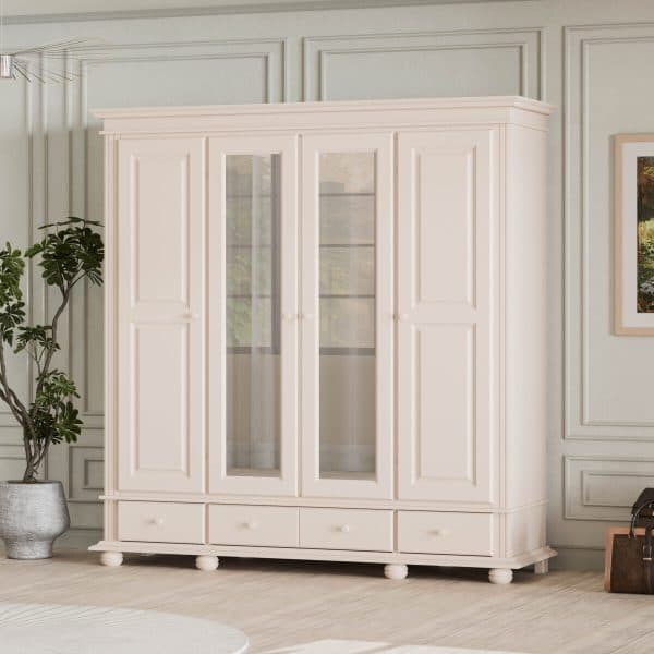 Armoire en bois massif Nordby, 4 portes avec tiroirs, beige poudré