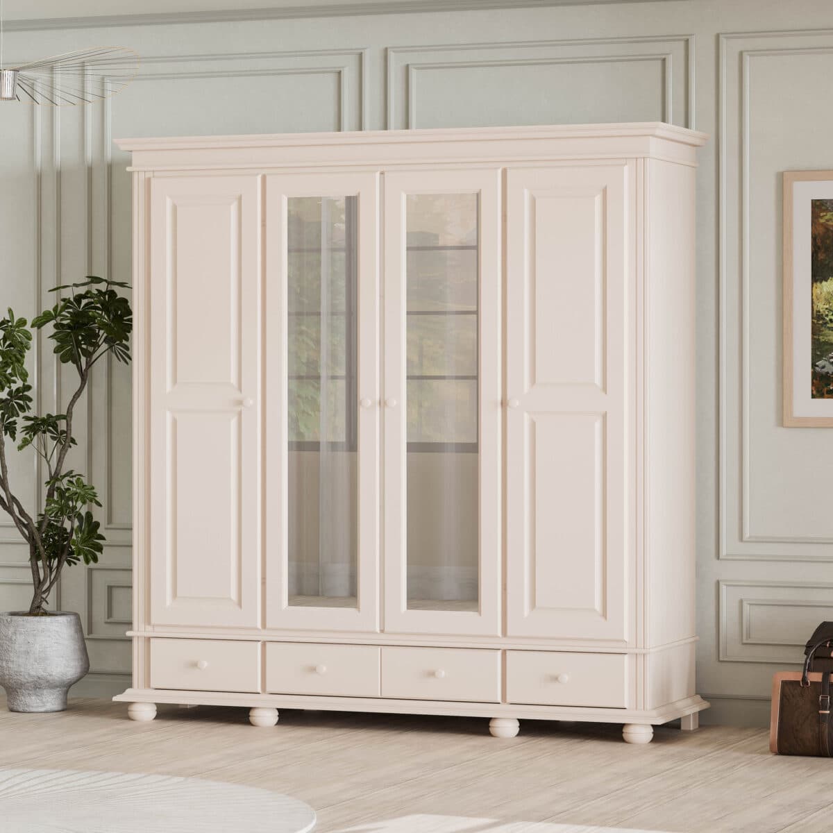 Armoire en bois massif Nordby, 4 portes avec tiroirs, beige poudré