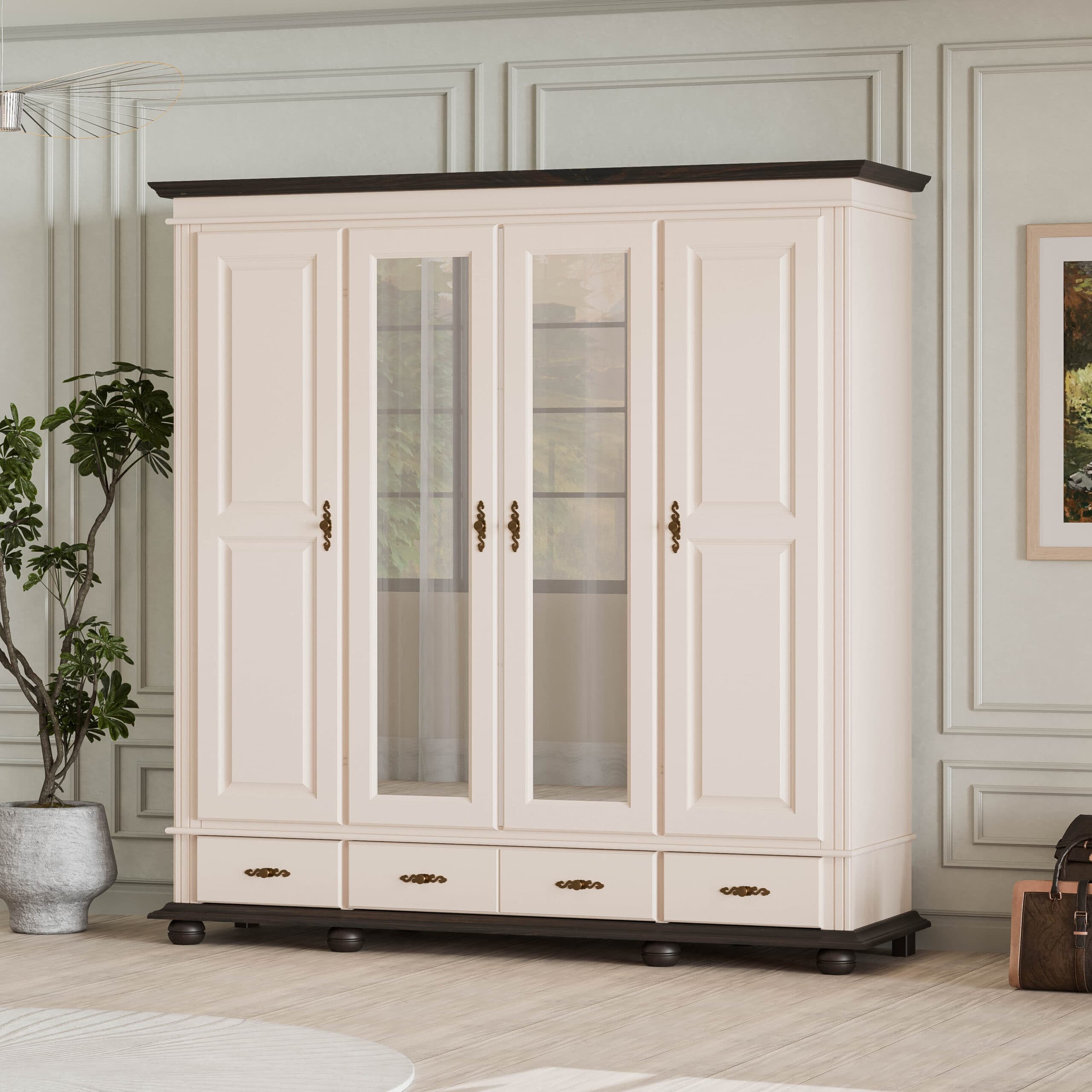 Armoire en bois massif Nordby, 4 portes avec tiroirs, beige poudré