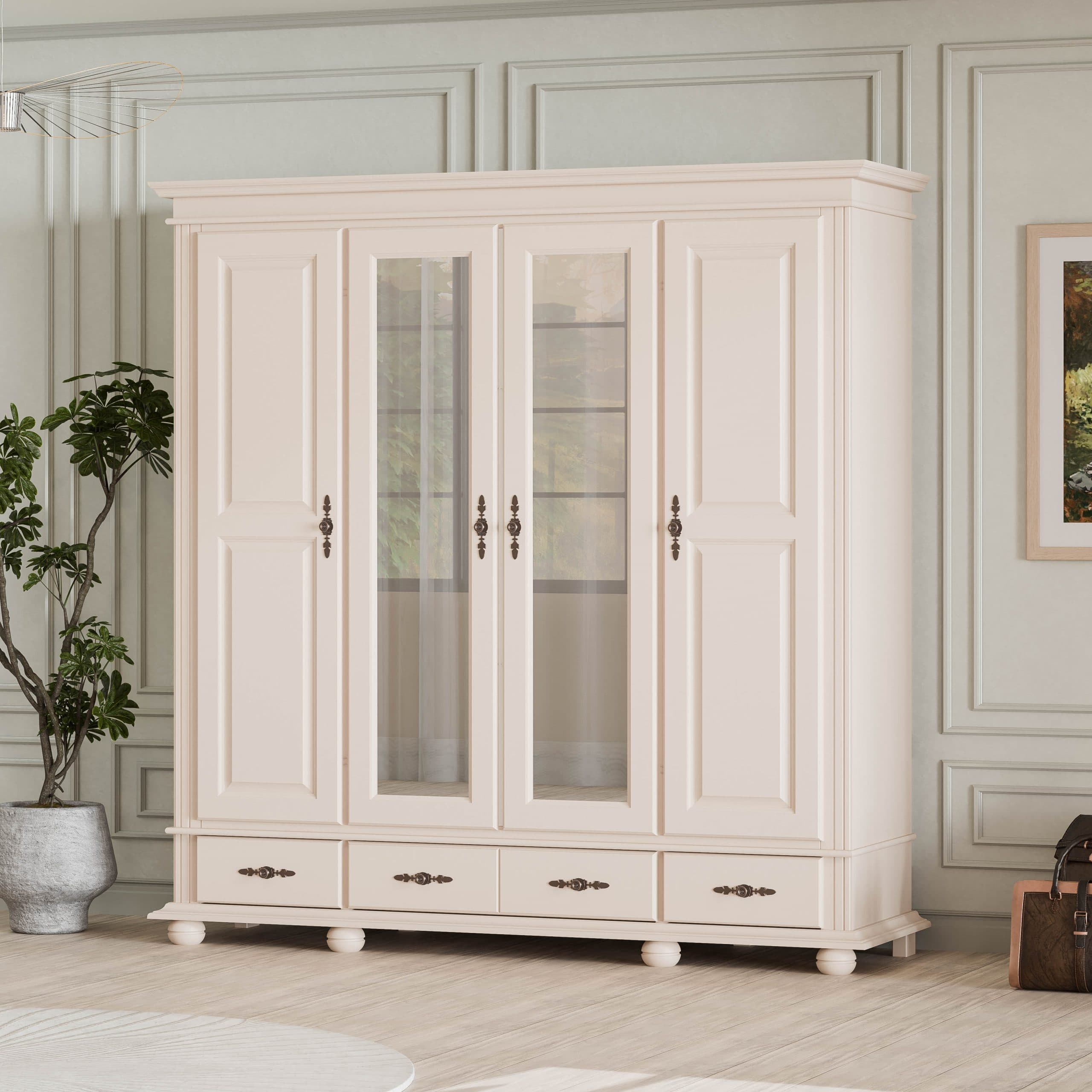 Armoire en bois massif Nordby, 4 portes avec tiroirs, beige poudré