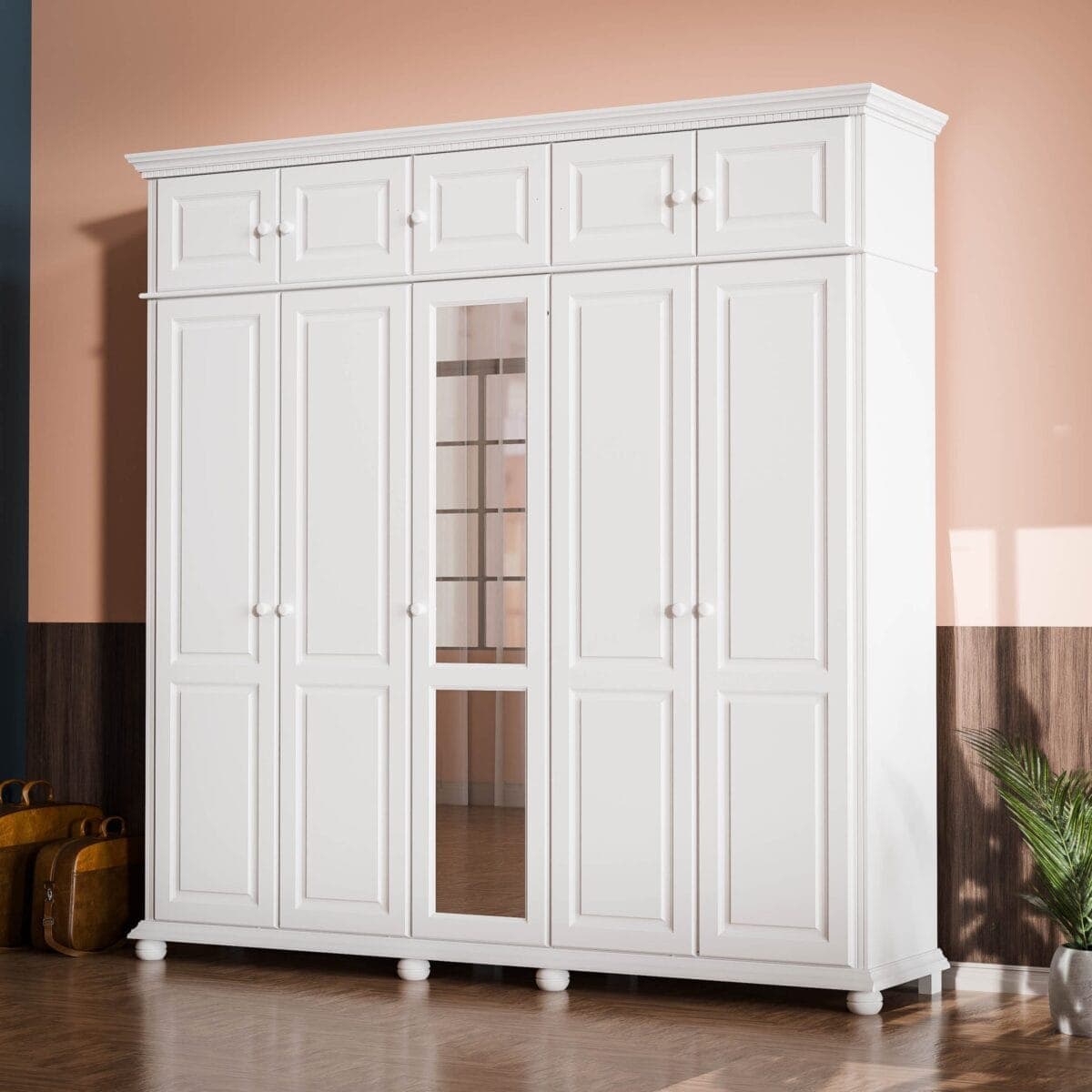 Armoire en bois massif « Fjord » à 5 portes avec élément supérieur