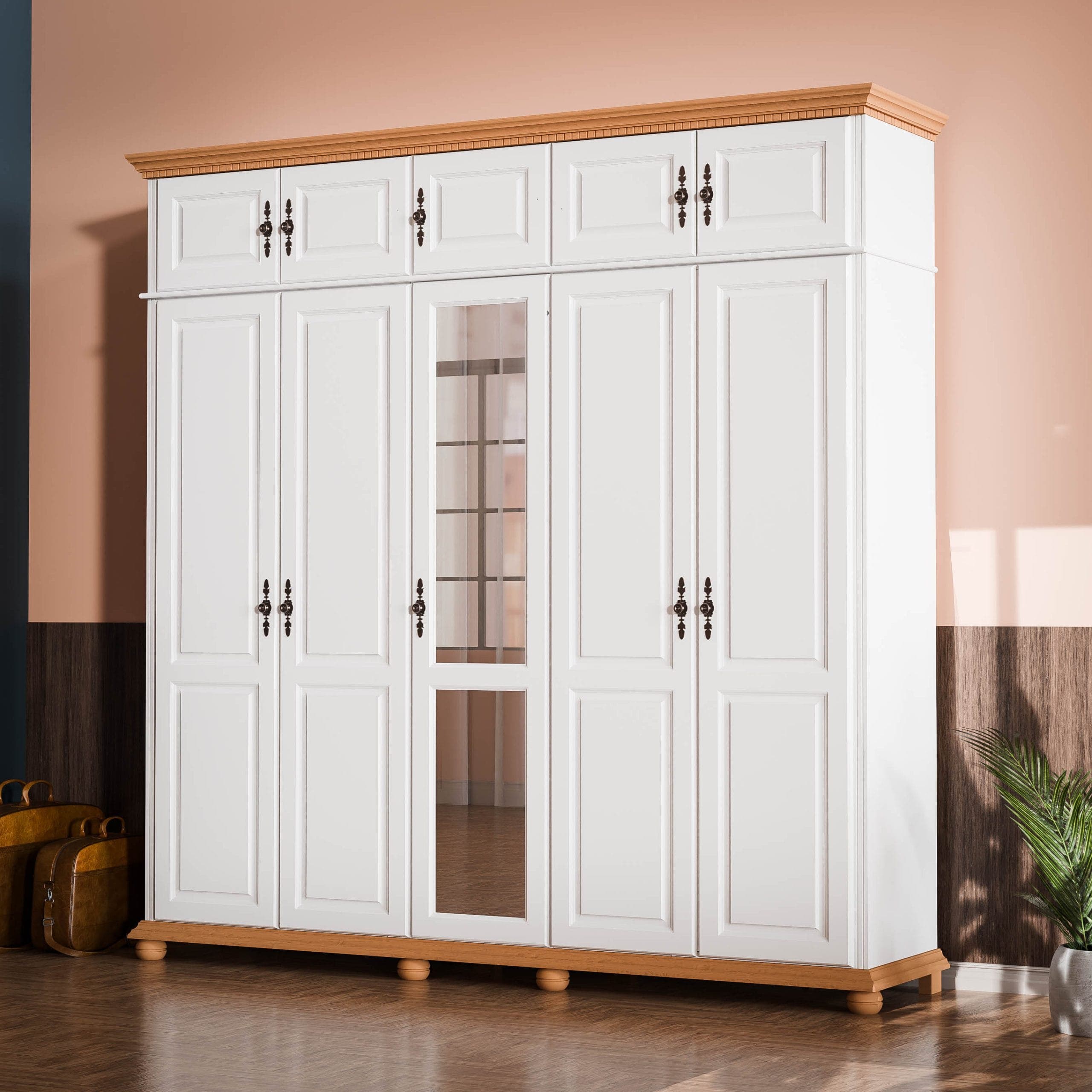 Armoire en bois massif « Fjord » à 5 portes avec élément supérieur