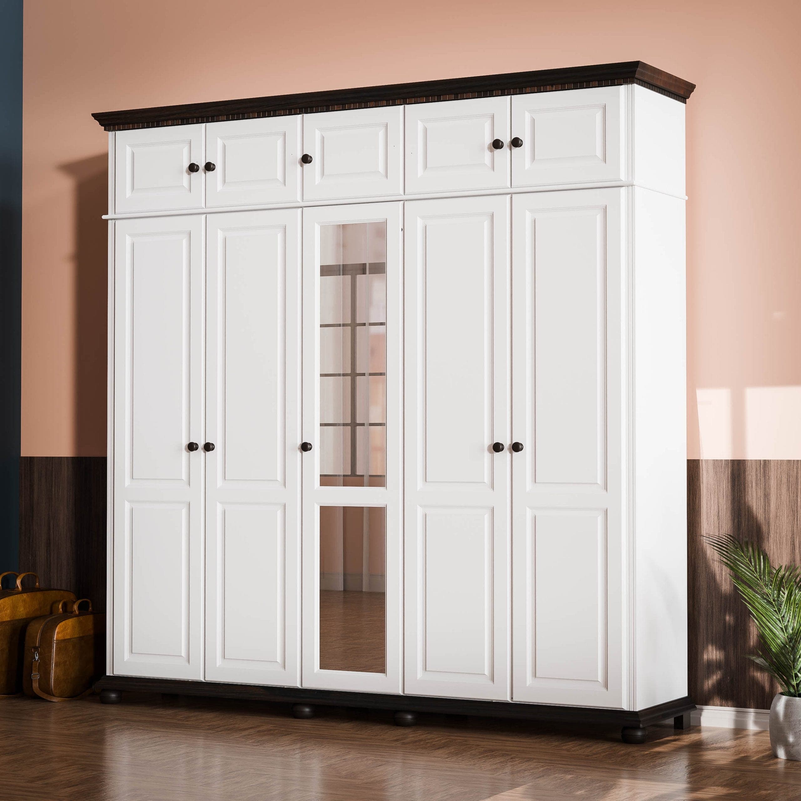 Armoire en bois massif « Fjord » à 5 portes avec élément supérieur