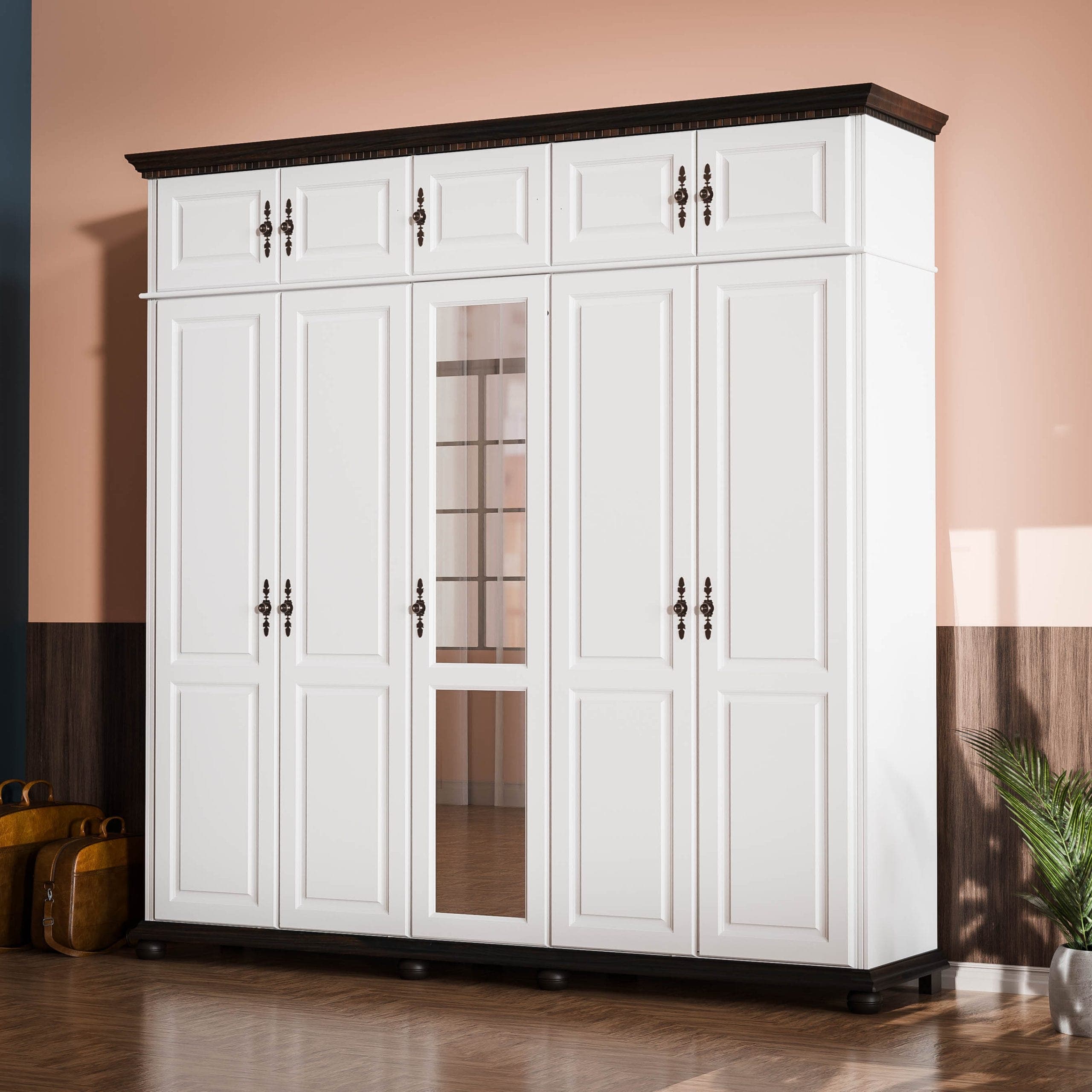 Armoire en bois massif « Fjord » à 5 portes avec élément supérieur
