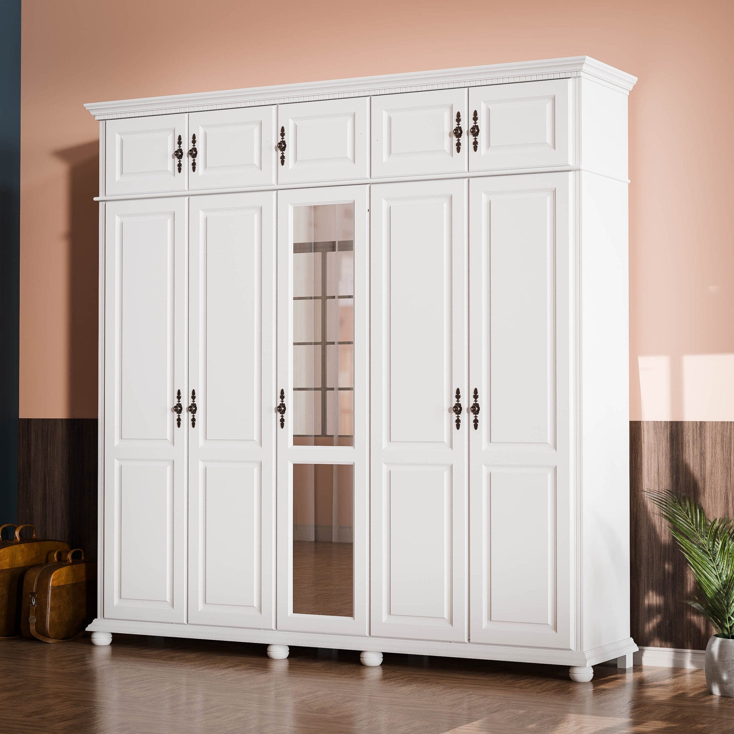 Armoire en bois massif « Fjord » à 5 portes avec élément supérieur