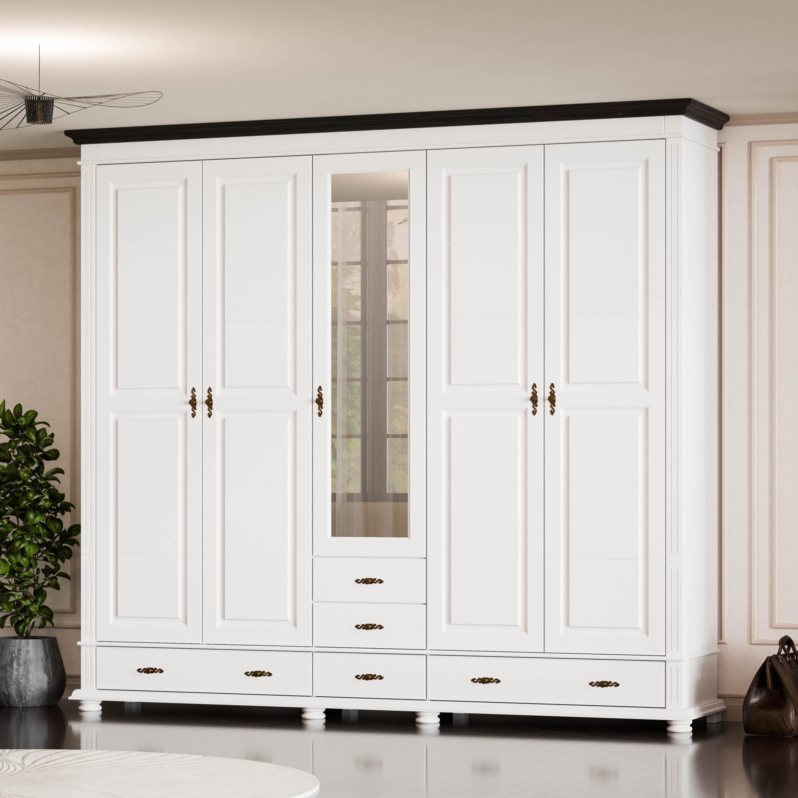 Armoire Skagen en bois massif à 5 portes et tiroirs, 242 cm