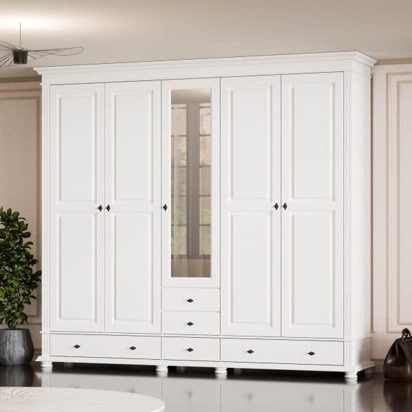 Armoire Skagen en bois massif à 5 portes et tiroirs, 242 cm