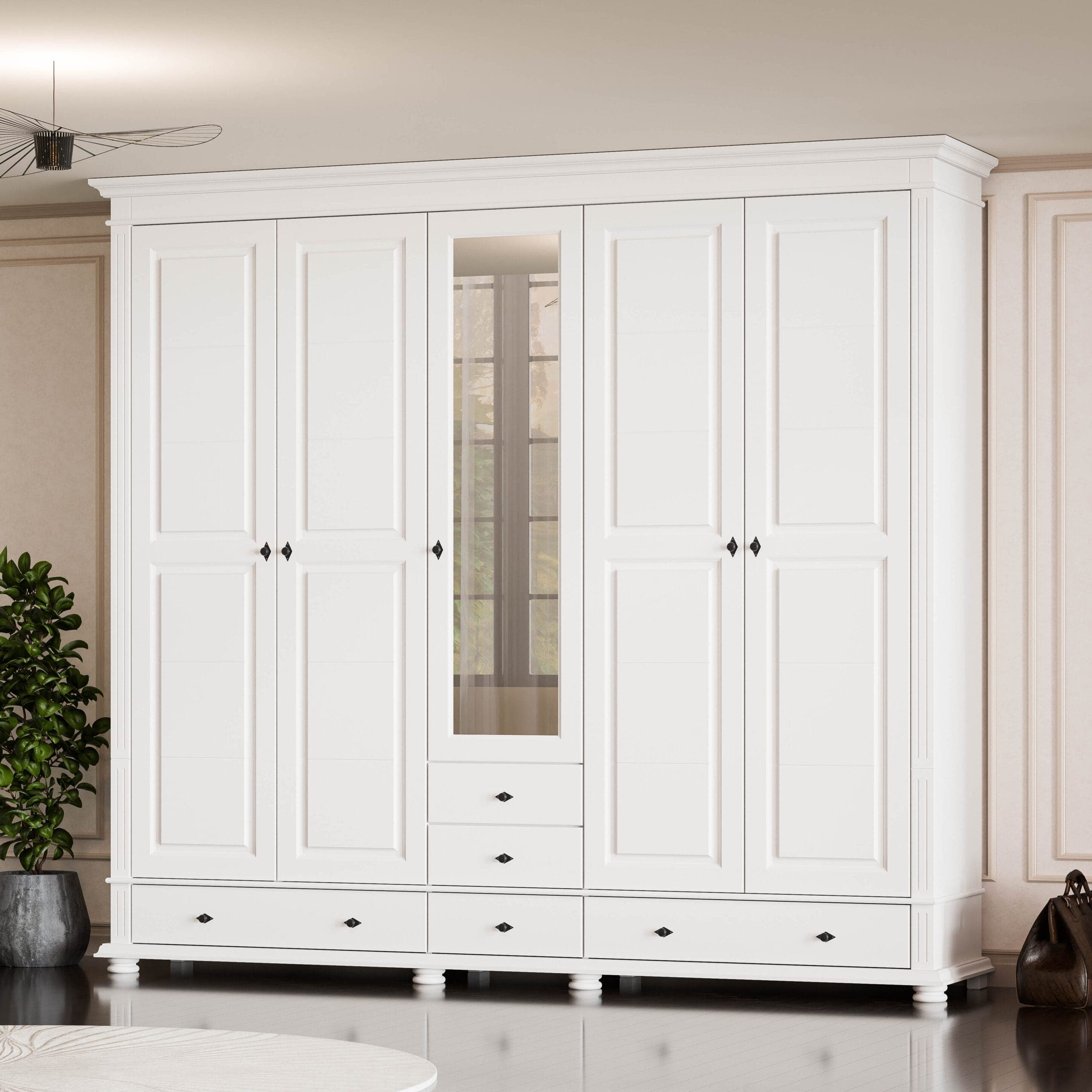 Armoire Skagen en bois massif à 5 portes et tiroirs, 242 cm
