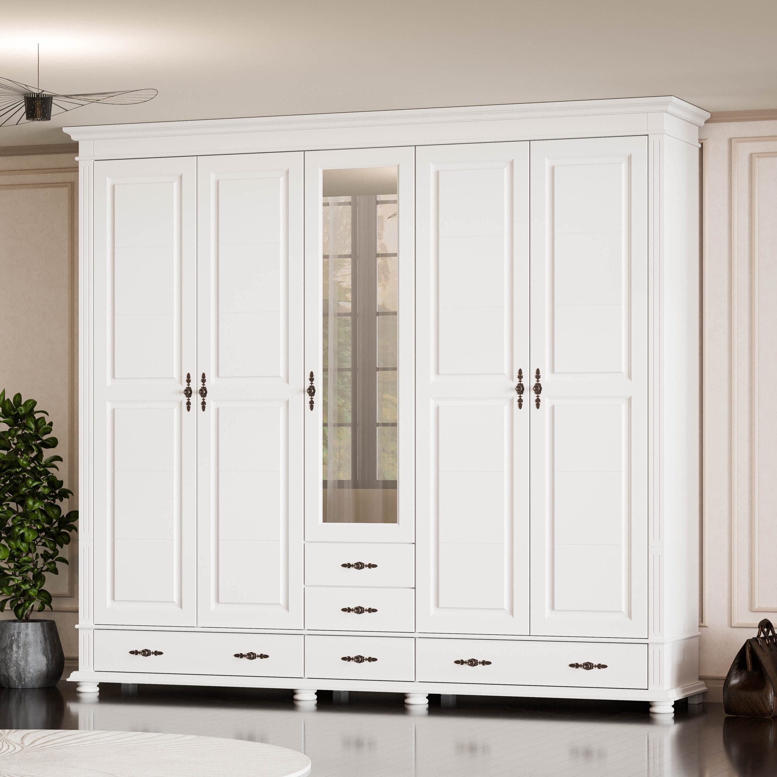 Armoire Skagen en bois massif à 5 portes et tiroirs, 242 cm
