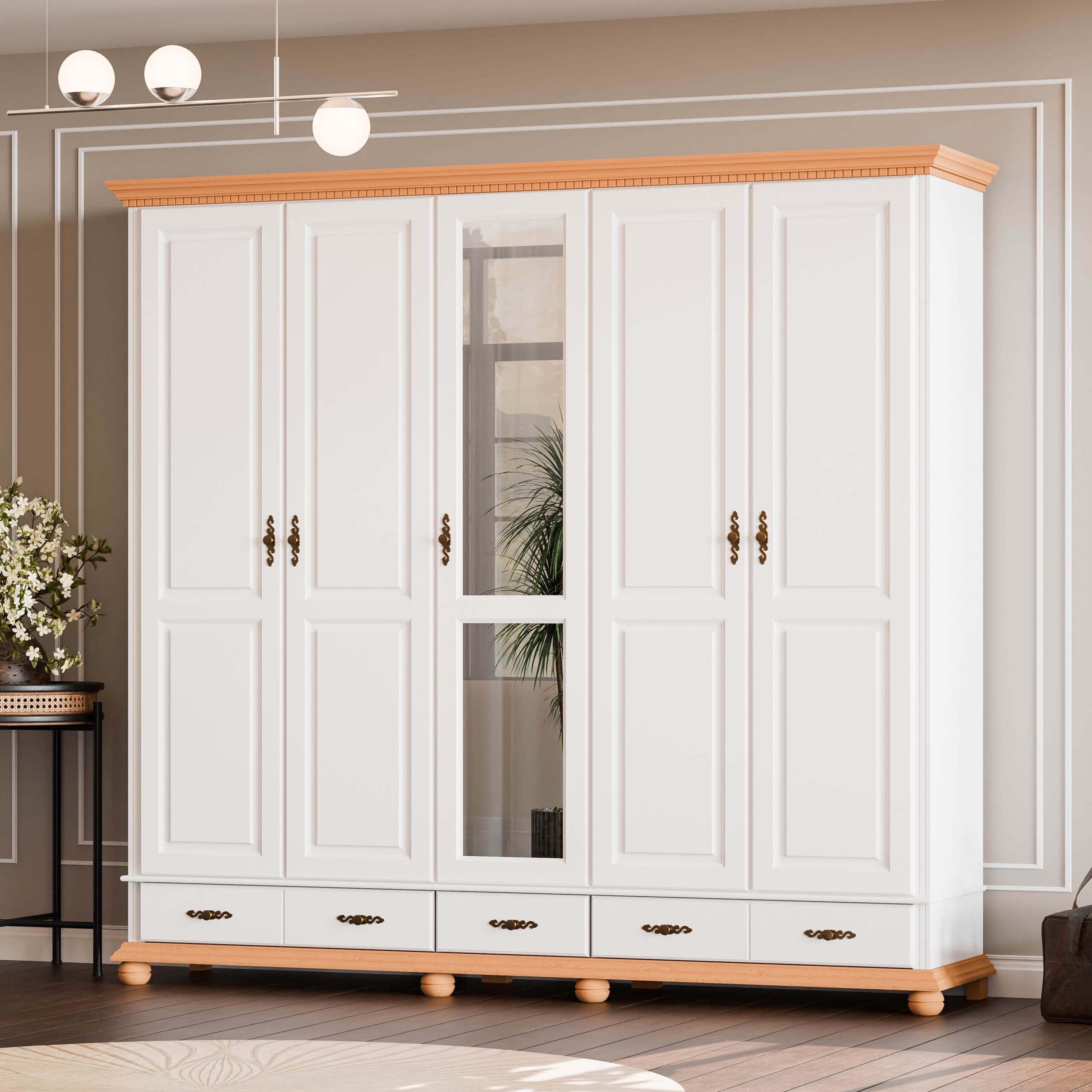 Armoire en bois massif à 5 portes et tiroirs « Fjord »
