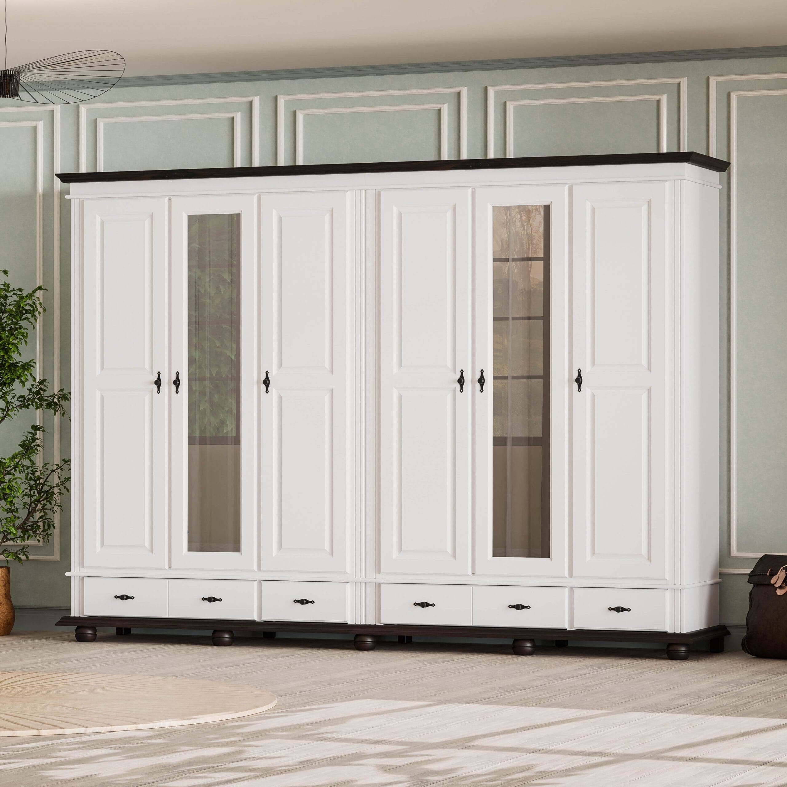Armoire en bois massif Nordby à 6 portes et tiroirs, 220 cm