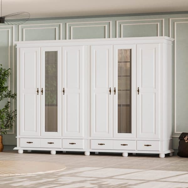 Armoire en bois massif Nordby à 6 portes et tiroirs, 220 cm