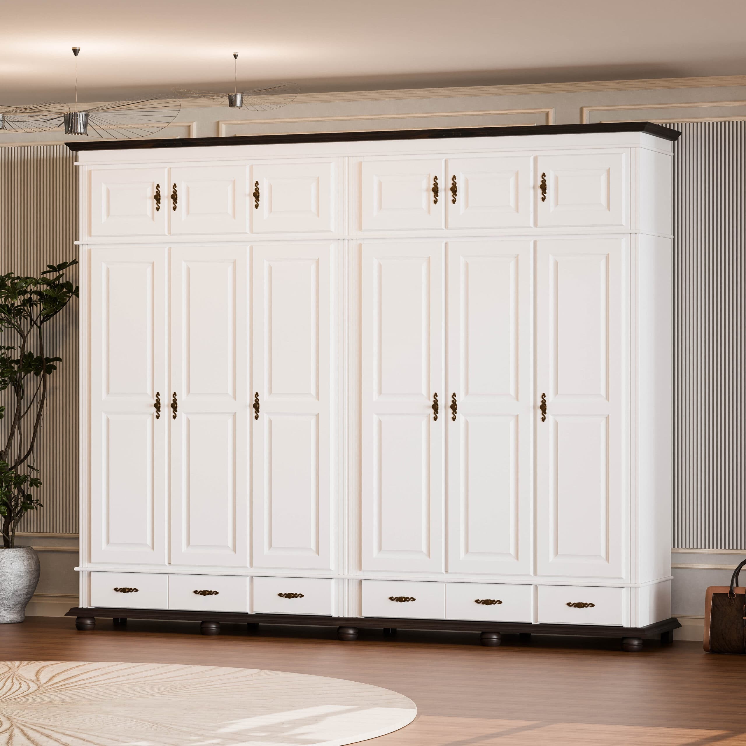 Armoire Nordby en bois massif à 6 portes avec miroir, 260 cm