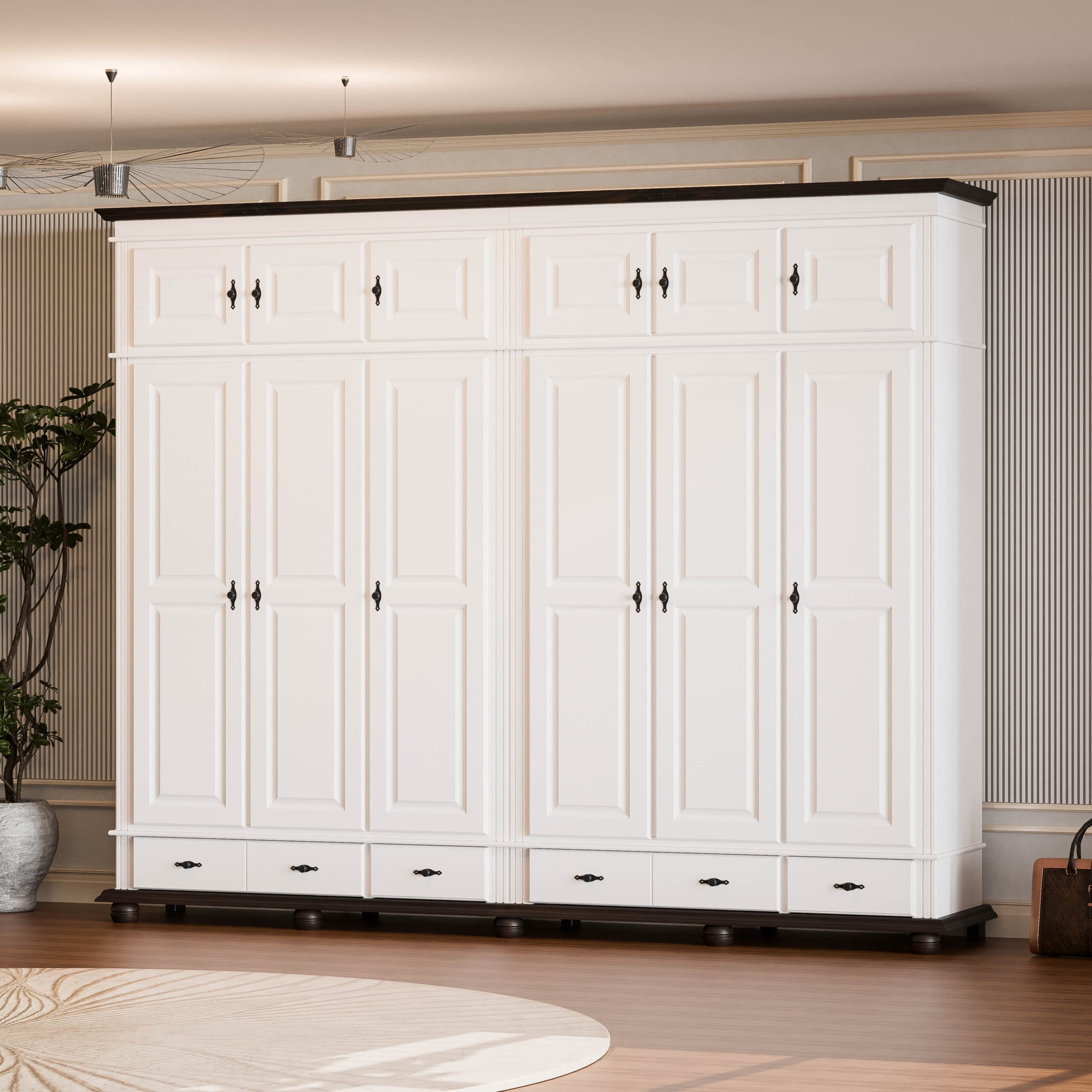 Armoire Nordby en bois massif à 6 portes avec miroir, 260 cm